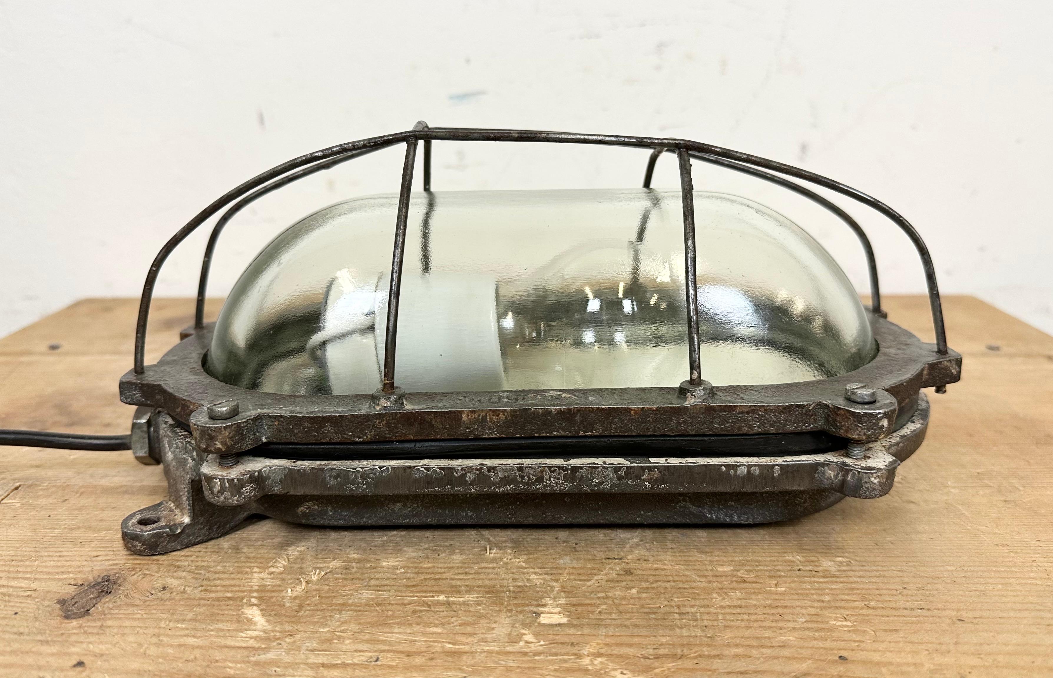 Glass Industrial Cast Iron Wall Light, 1960s For Sale