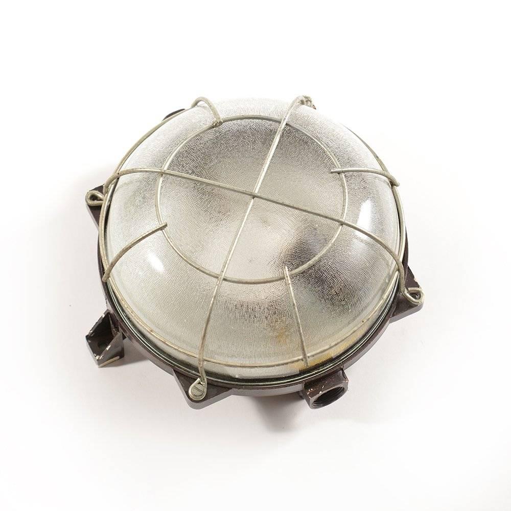 Industrial Ceiling/Wall Light in Bakelite and Glass with Metal Cage, circa 1950 For Sale 1