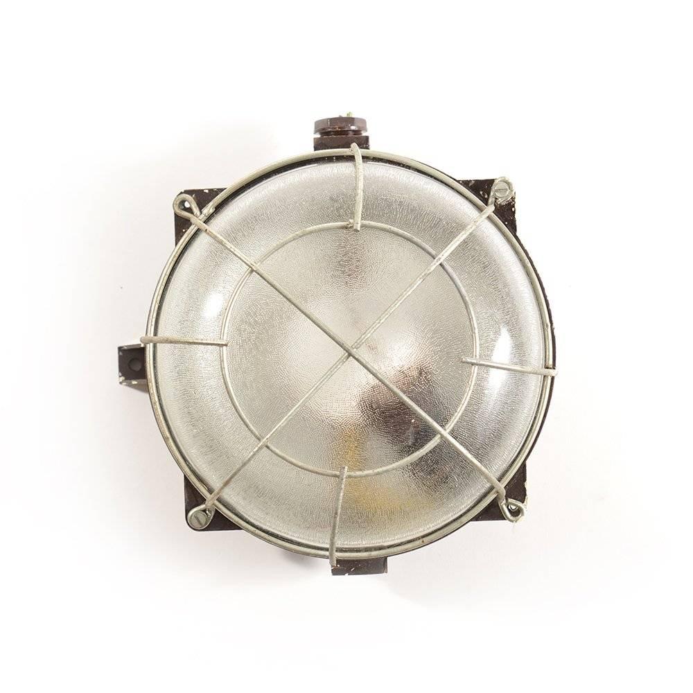 Industrial Ceiling/Wall Light in Bakelite and Glass with Metal Cage, circa 1950 For Sale 2