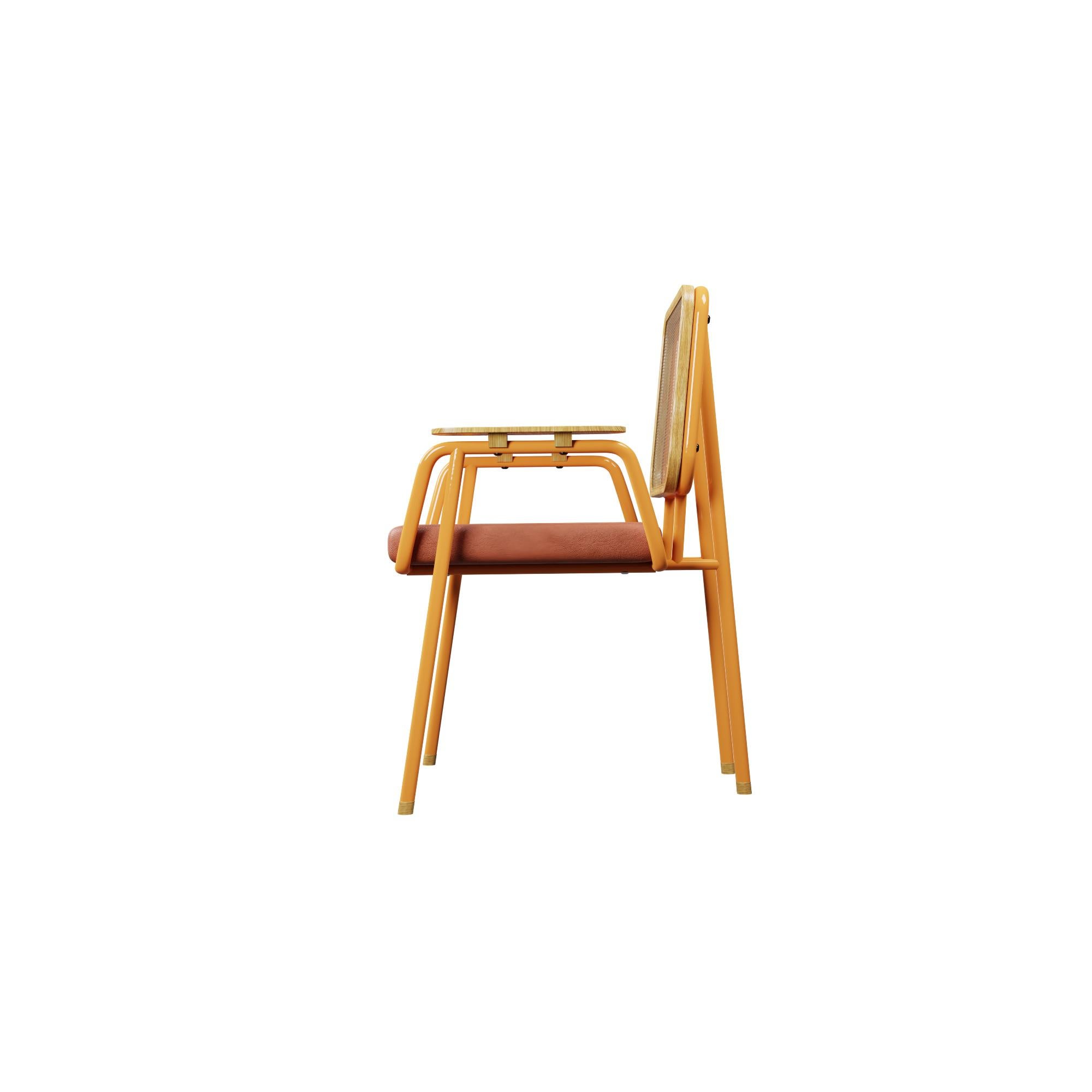 Caning Industrial chair DUV with arm Coral leather handcrafted by Murmurio For Sale