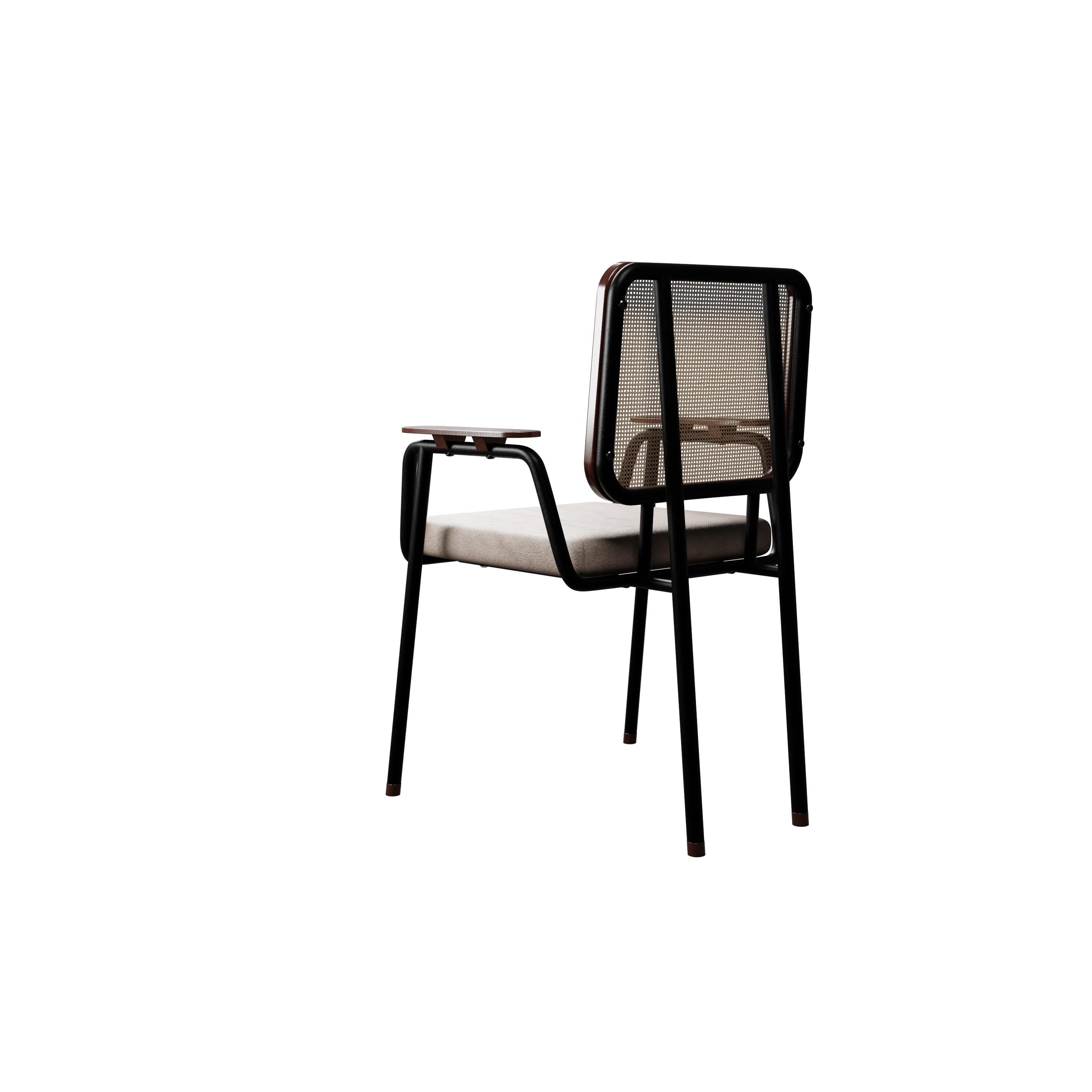 Caning Industrial chair DUV with arm Cream leather handcrafted by Murmurio For Sale