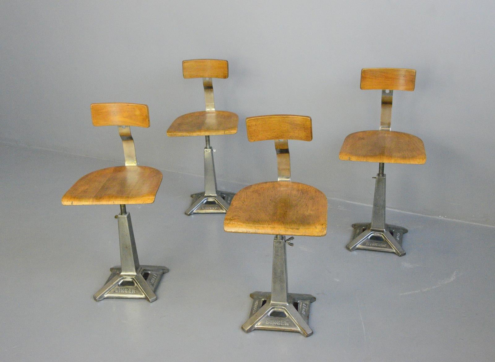 Industrial chairs by Singer Circa 1930s

- Price is per chair (1 remaining)
- Height adjustable
- Cast iron nickel plated bases
- Ply seats and back rests
- Relief 