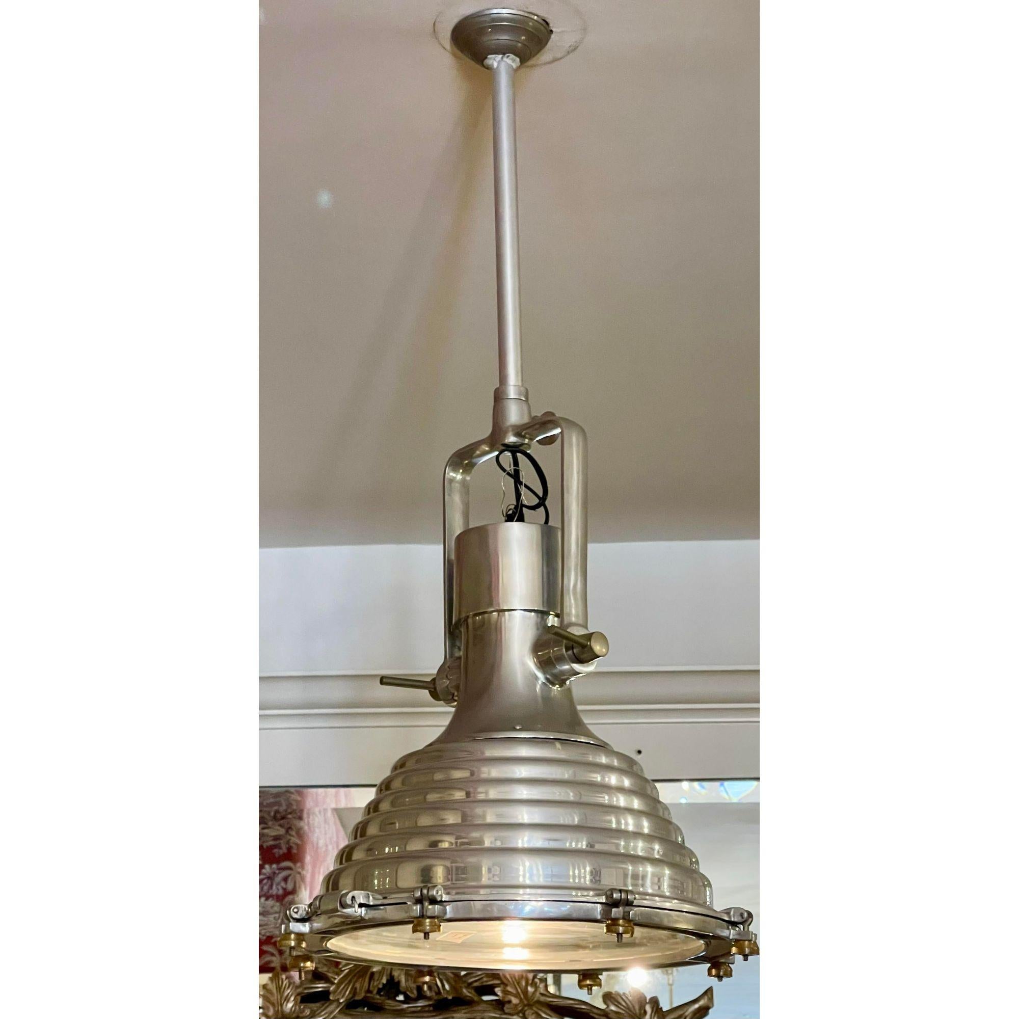 Industrial Chic Nautical Pendant Light Fixture.. this listing is for one fixture but we actually have six.
Provenance: From the $58M home of Sylvester Stallone who sold the house to Adele

Additional information: 
Materials: Chrome, Glass,