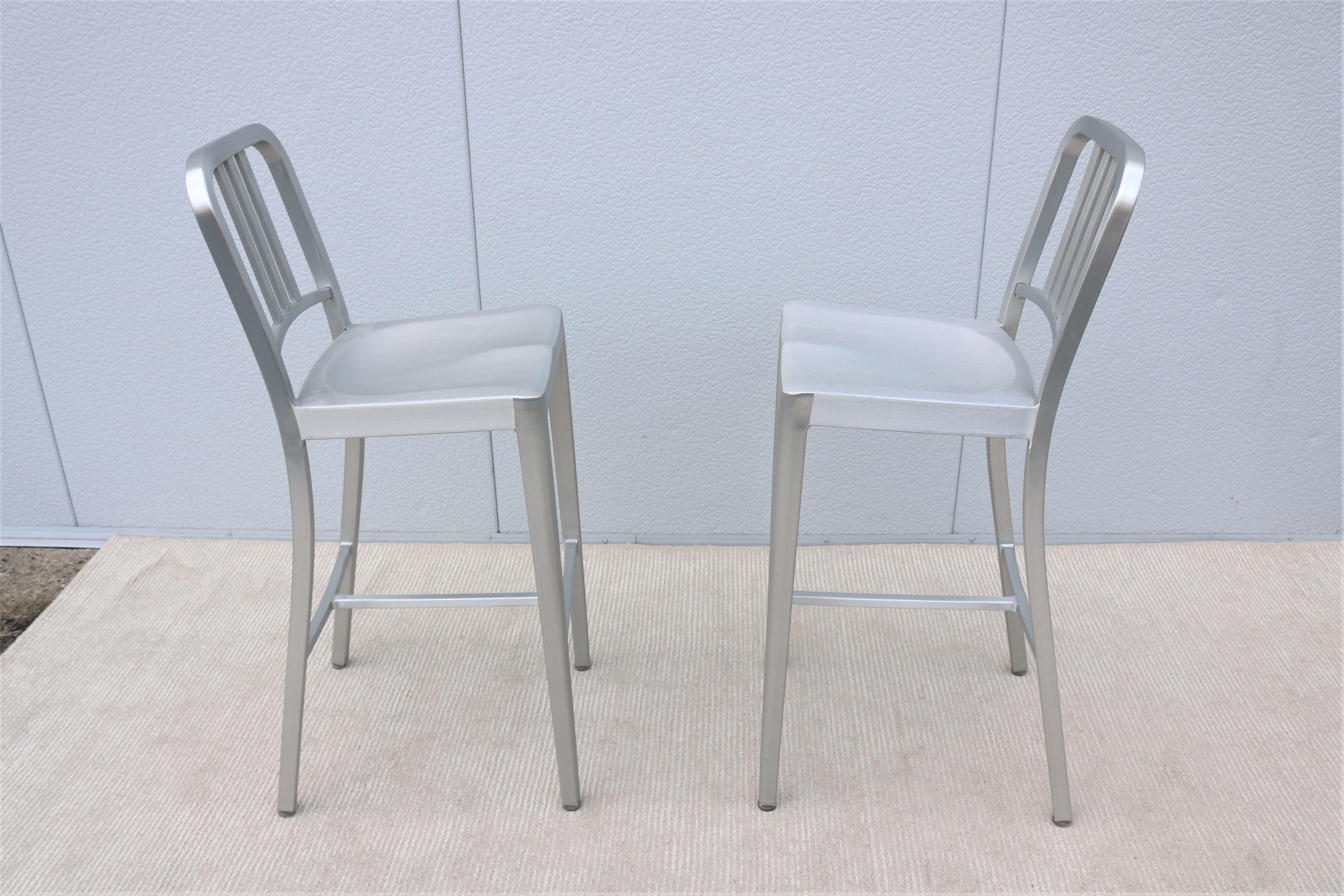 Industrial Classic Emeco 1006 Navy Brushed Aluminum Bar Height Stools - a Pair For Sale 4