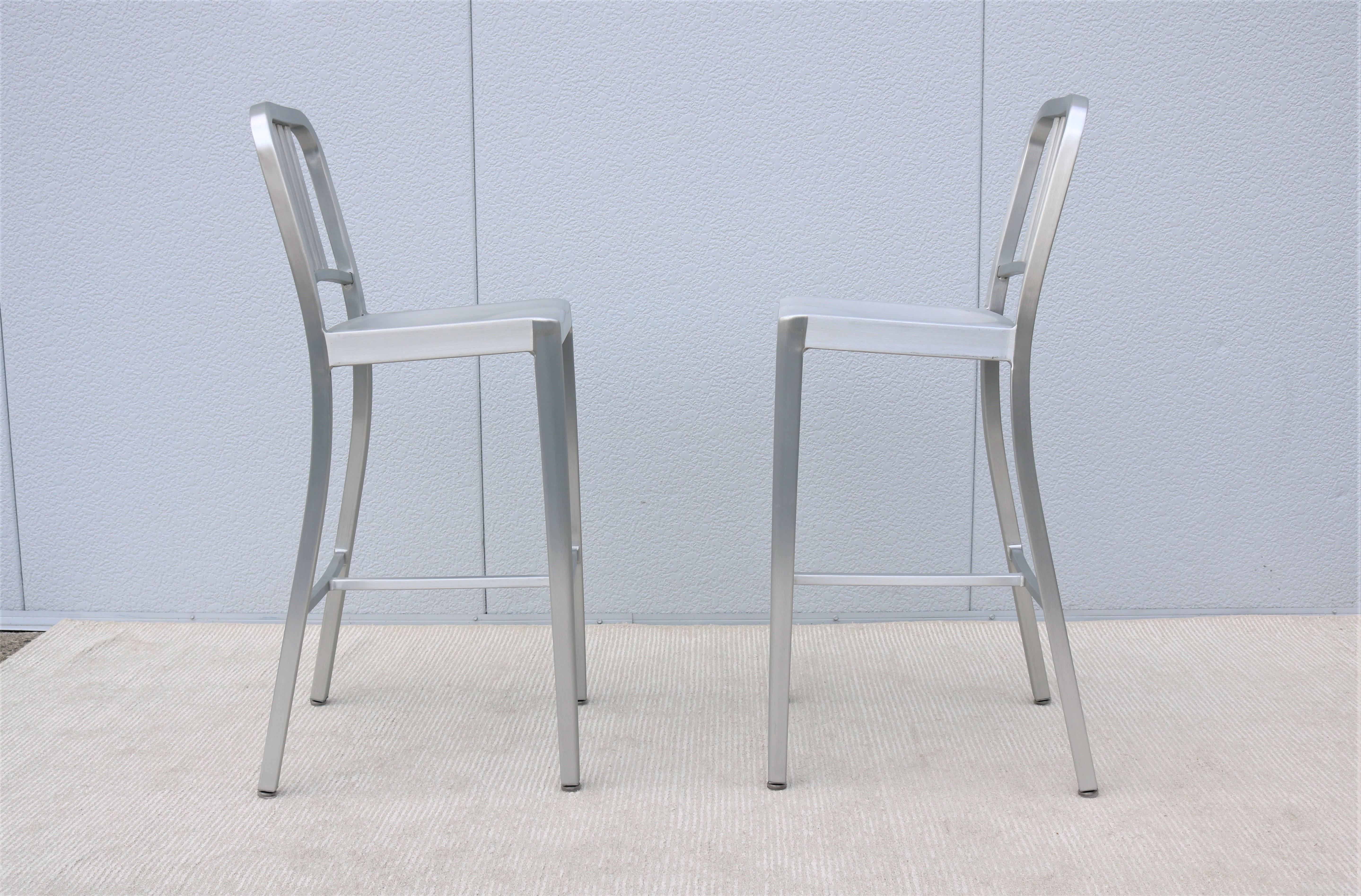 Industrial Classic Emeco 1006 Navy Brushed Aluminum Bar Height Stools - a Pair For Sale 5