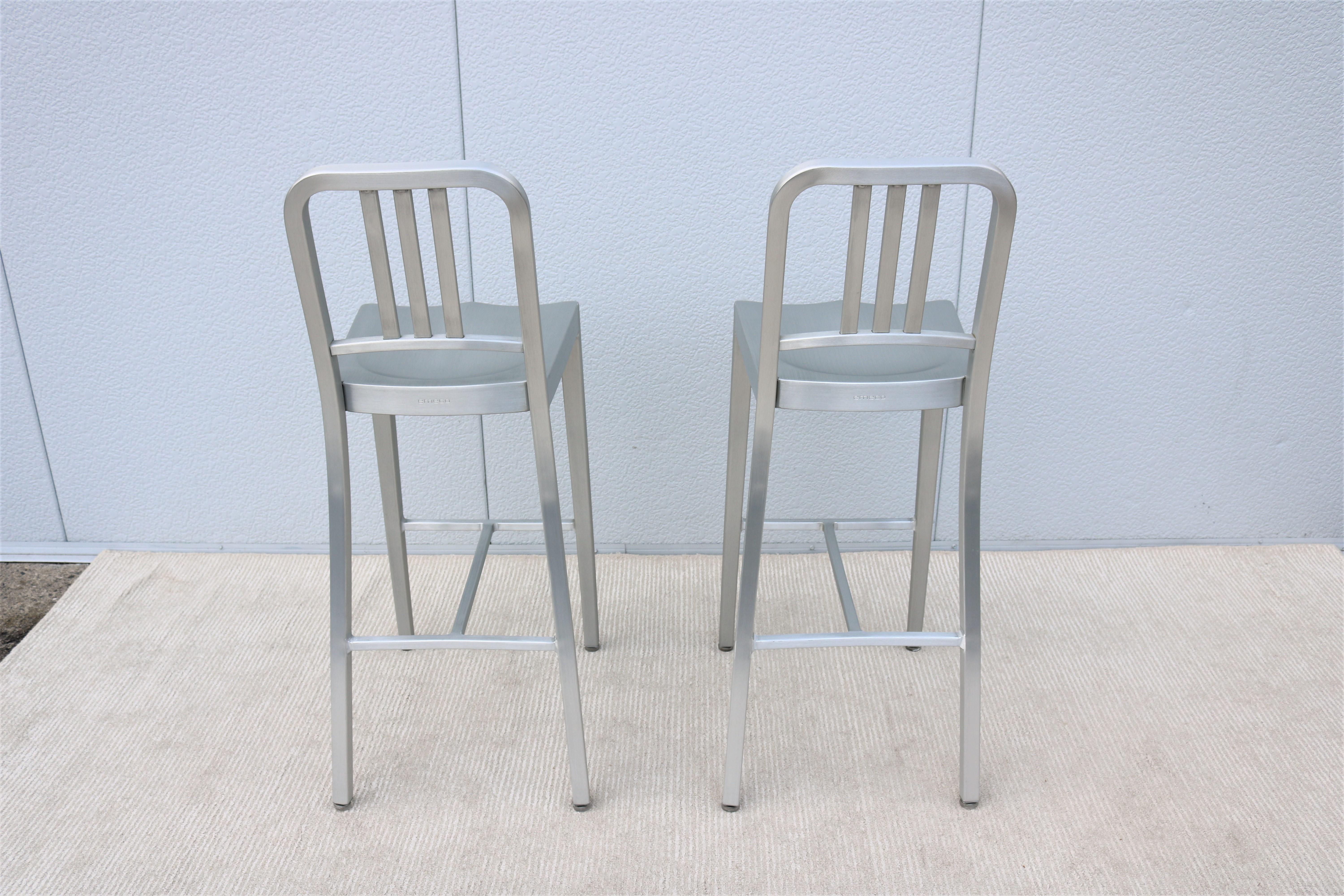 Industrial Classic Emeco 1006 Navy Brushed Aluminum Bar Height Stools - a Pair For Sale 6