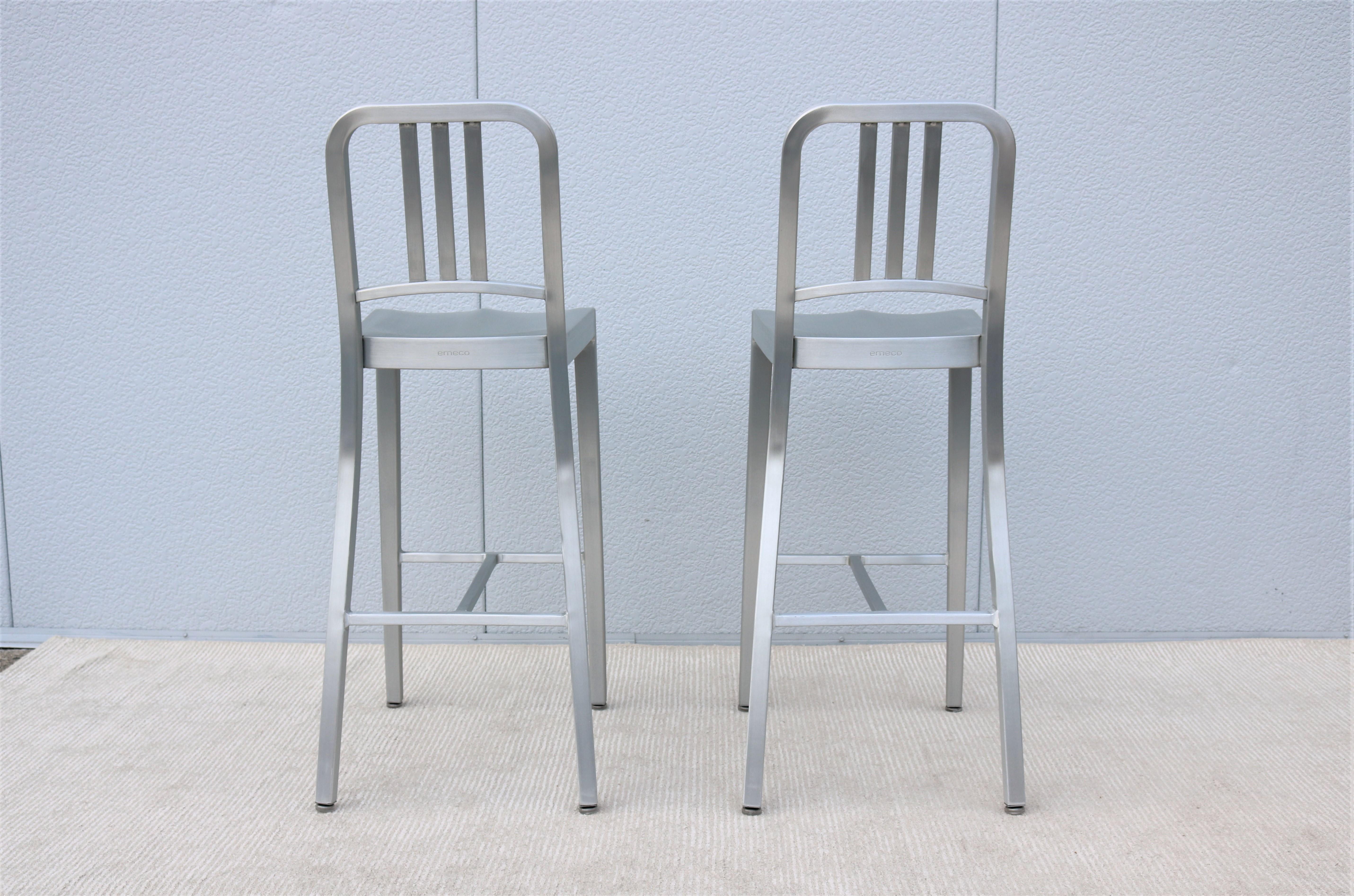 Industrial Classic Emeco 1006 Navy Brushed Aluminum Bar Height Stools - a Pair For Sale 7