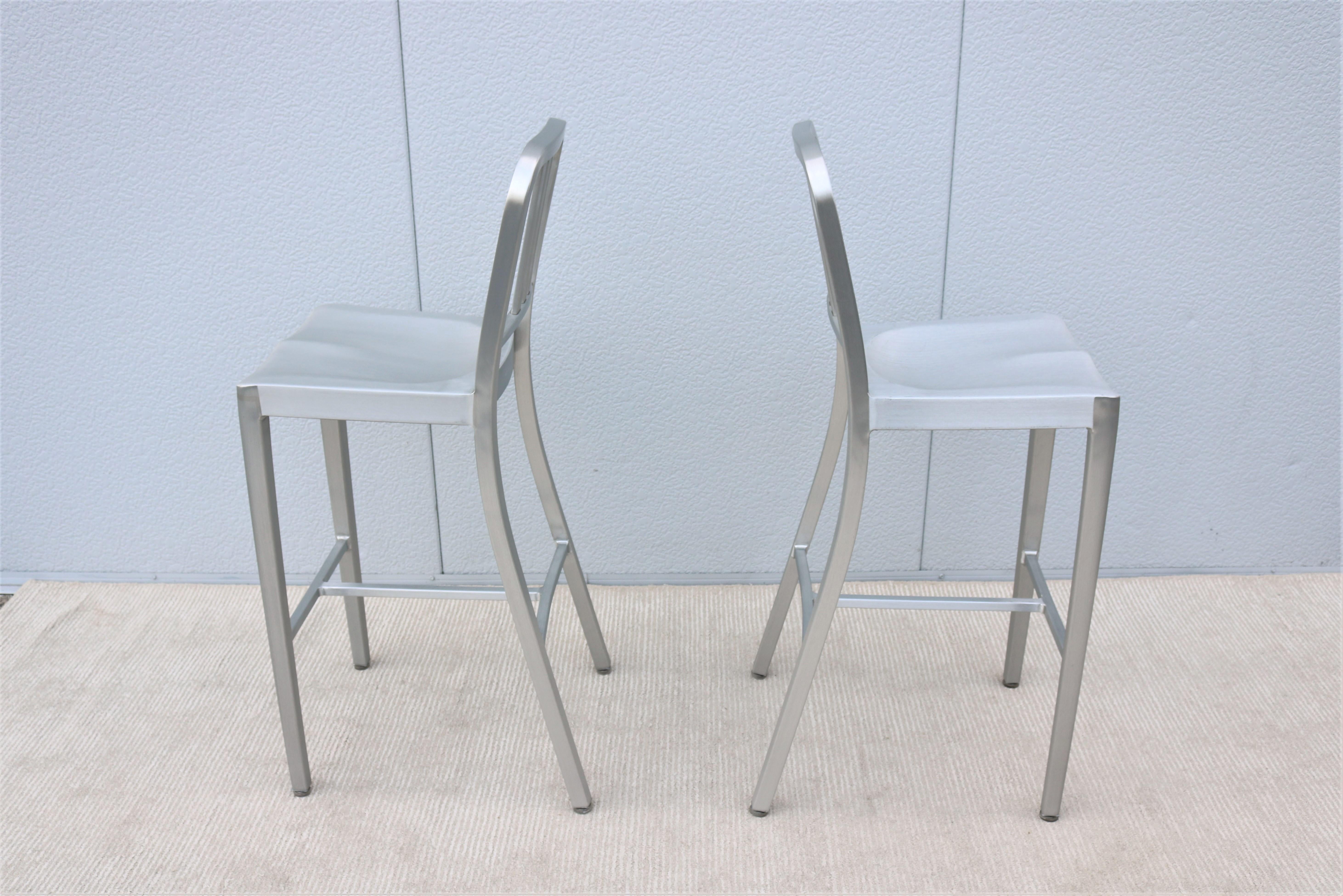 Industrial Classic Emeco 1006 Navy Brushed Aluminum Bar Height Stools - a Pair For Sale 8