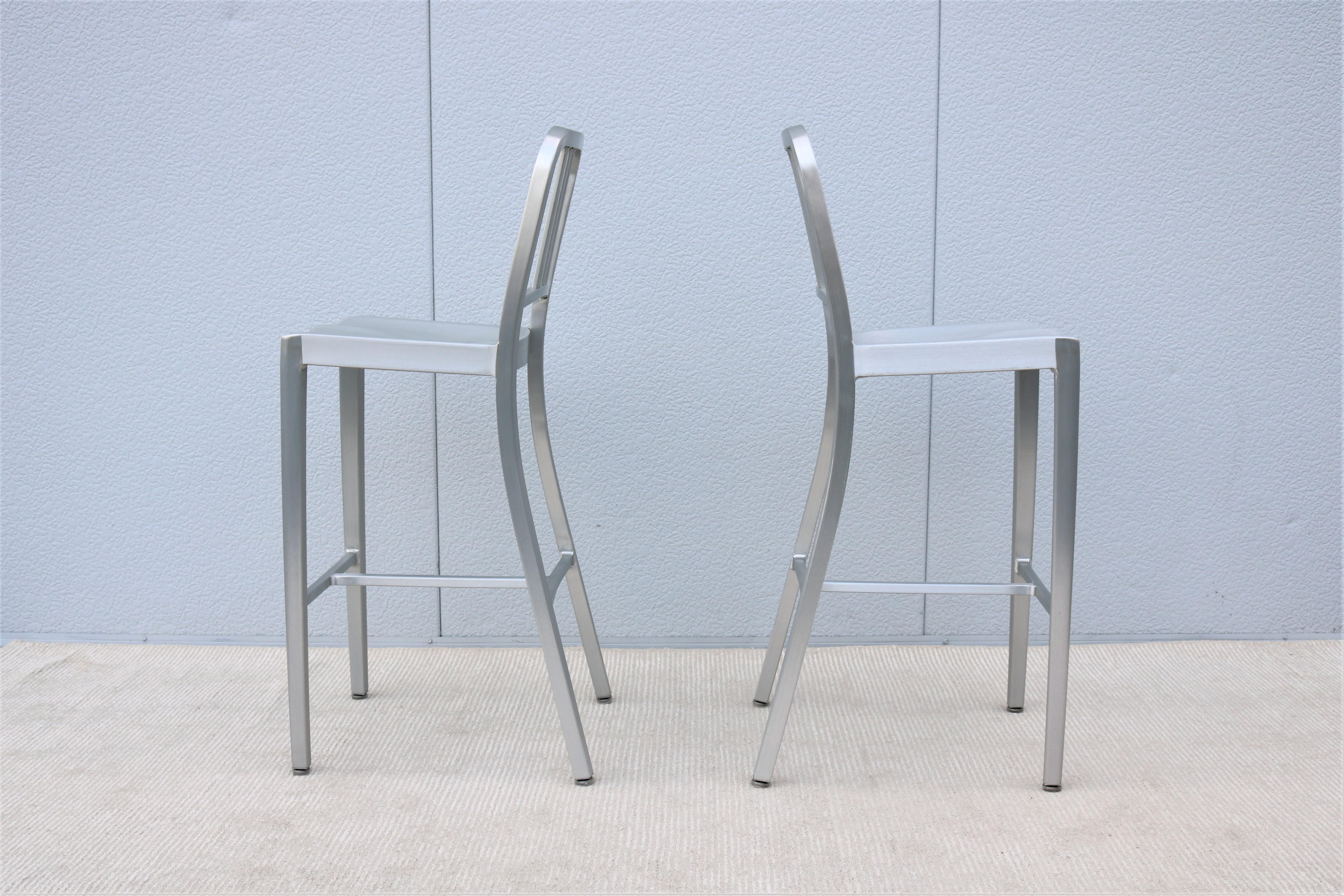 Industrial Classic Emeco 1006 Navy Brushed Aluminum Bar Height Stools - a Pair For Sale 9