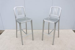 Industrial Classic Emeco 1006 Navy Brushed Aluminum Bar Height Stools - a Pair