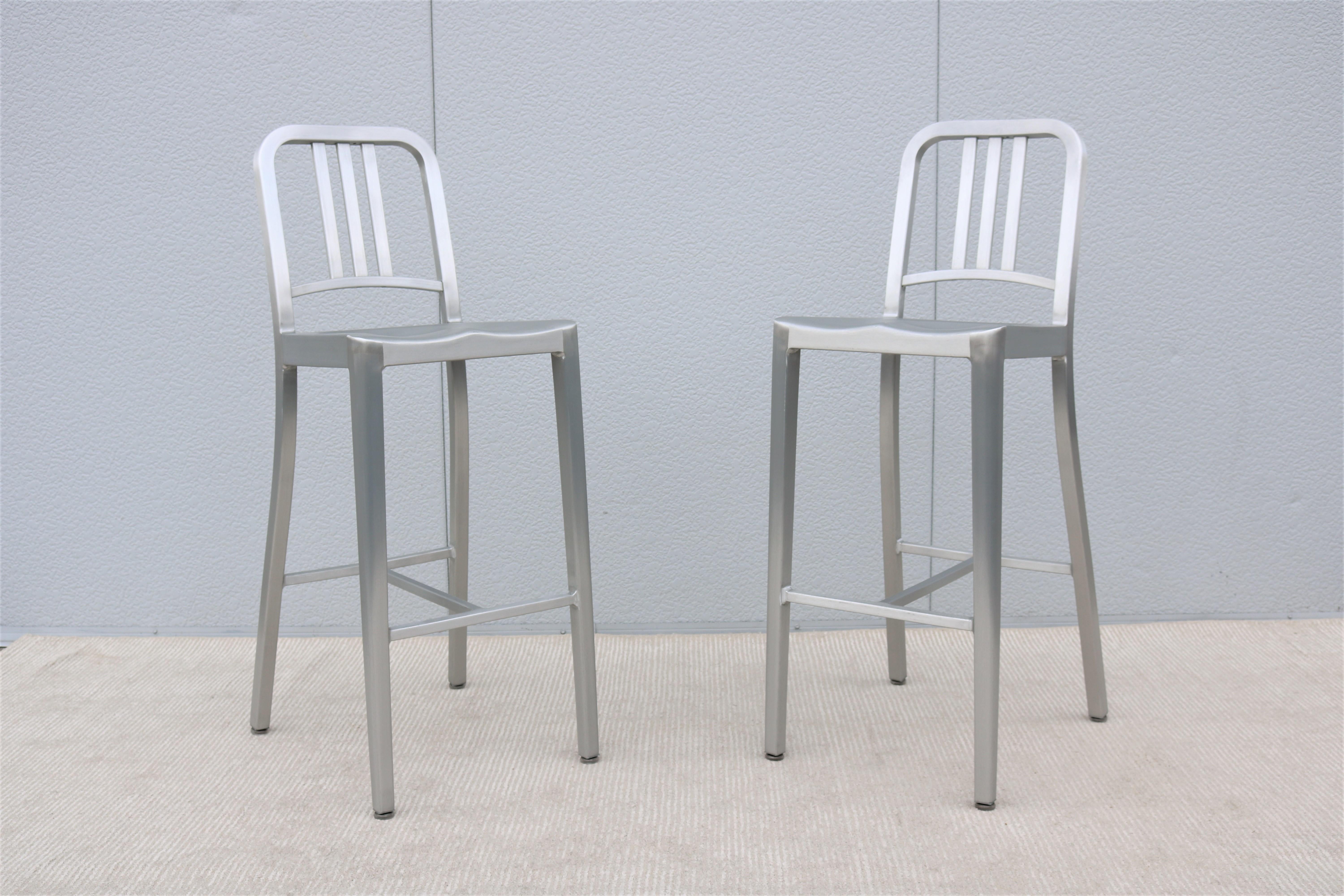 American Industrial Classic Emeco 1006 Navy Brushed Aluminum Bar Height Stools - a Pair For Sale