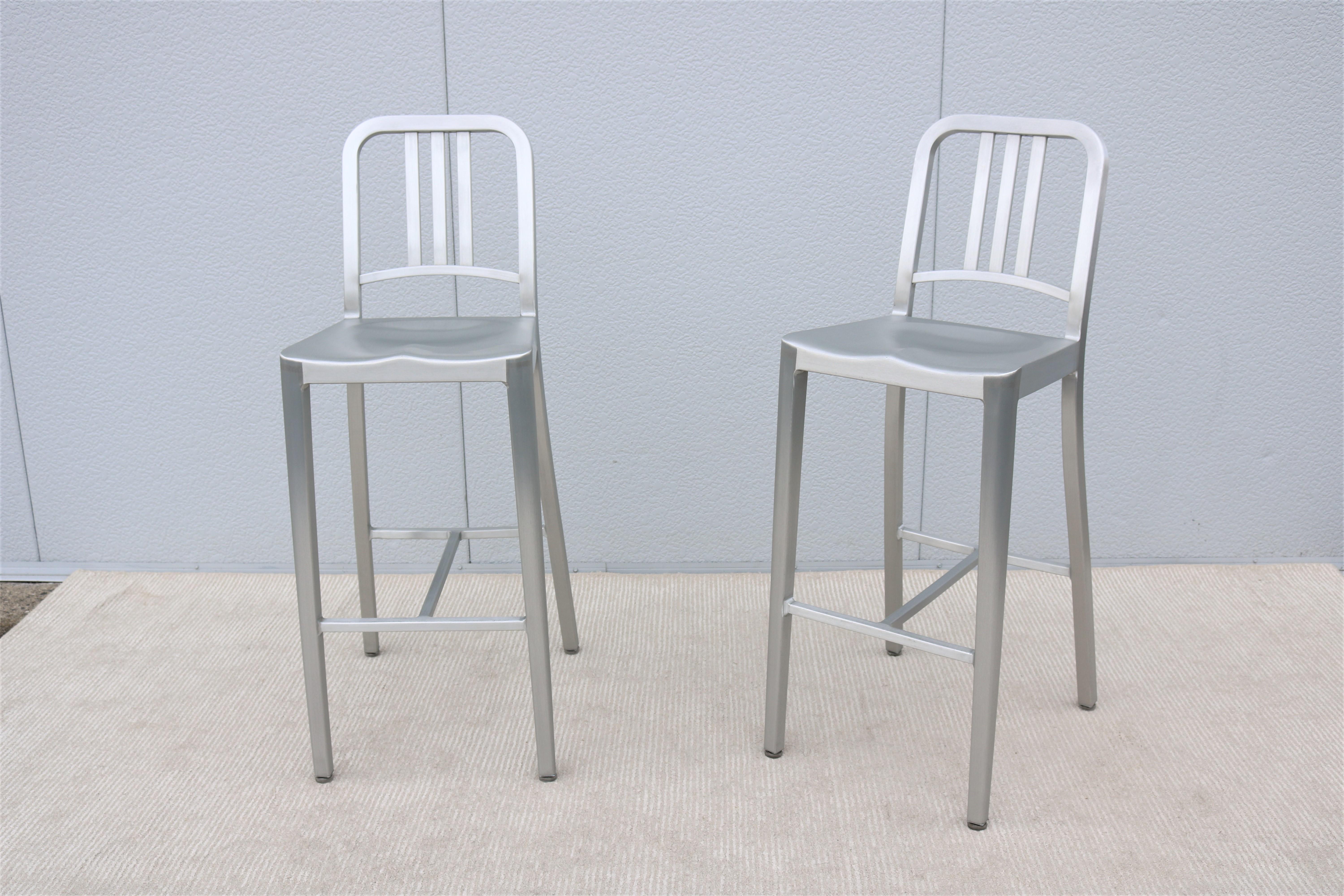 Anodized Industrial Classic Emeco 1006 Navy Brushed Aluminum Bar Height Stools - a Pair For Sale