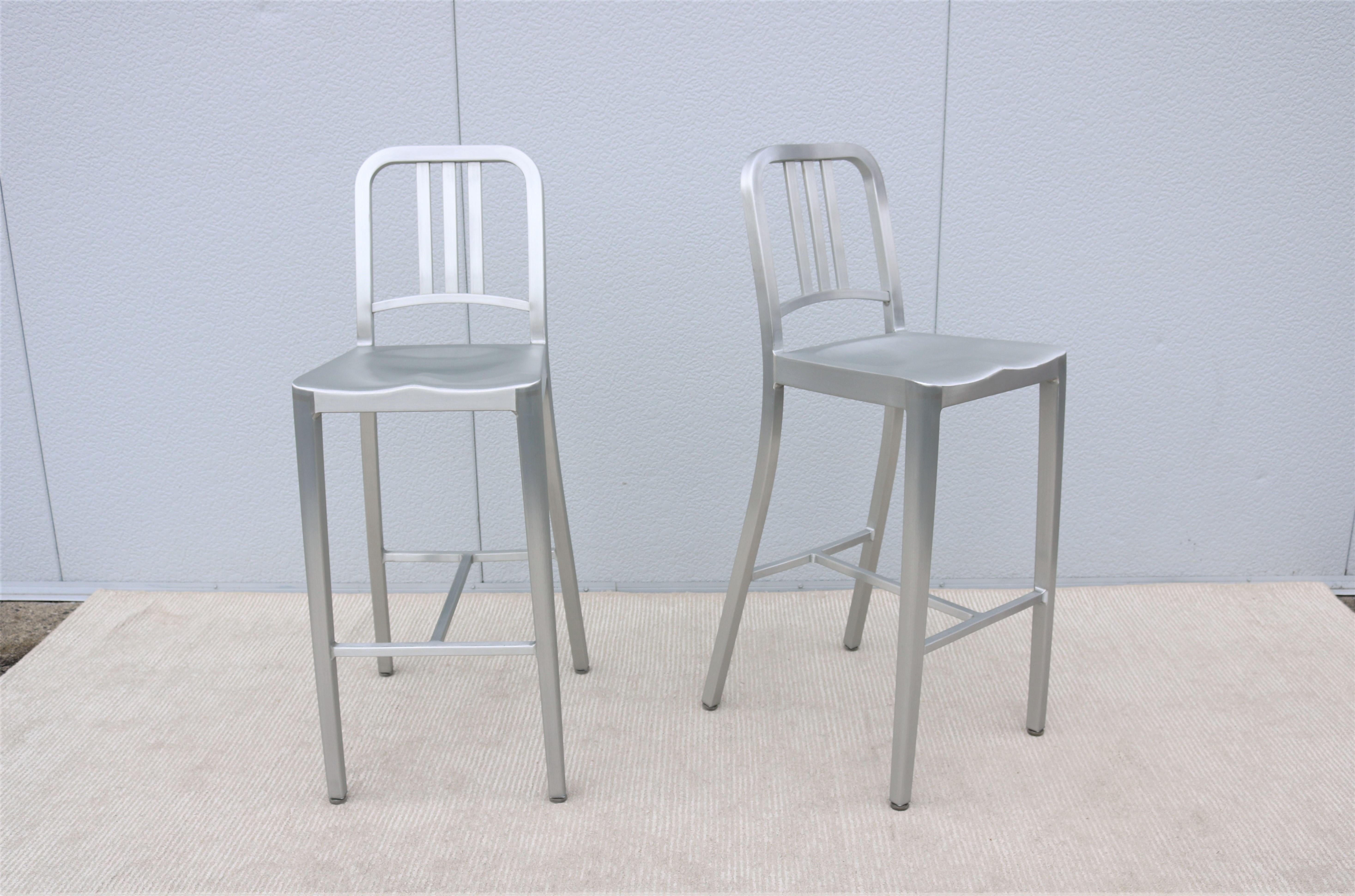 Industrial Classic Emeco 1006 Navy Brushed Aluminum Bar Height Stools - a Pair In Good Condition For Sale In Secaucus, NJ
