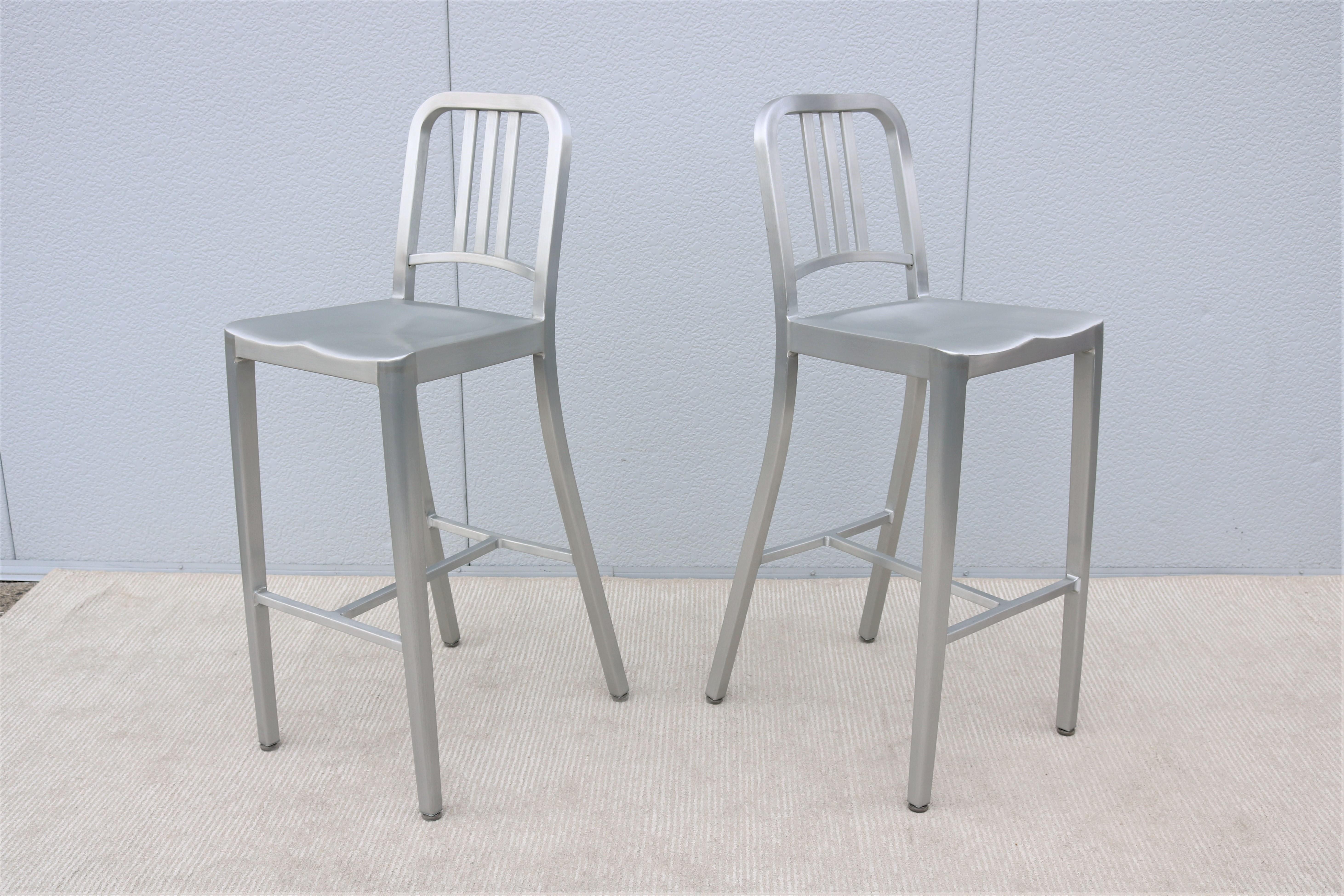 Contemporary Industrial Classic Emeco 1006 Navy Brushed Aluminum Bar Height Stools - a Pair For Sale