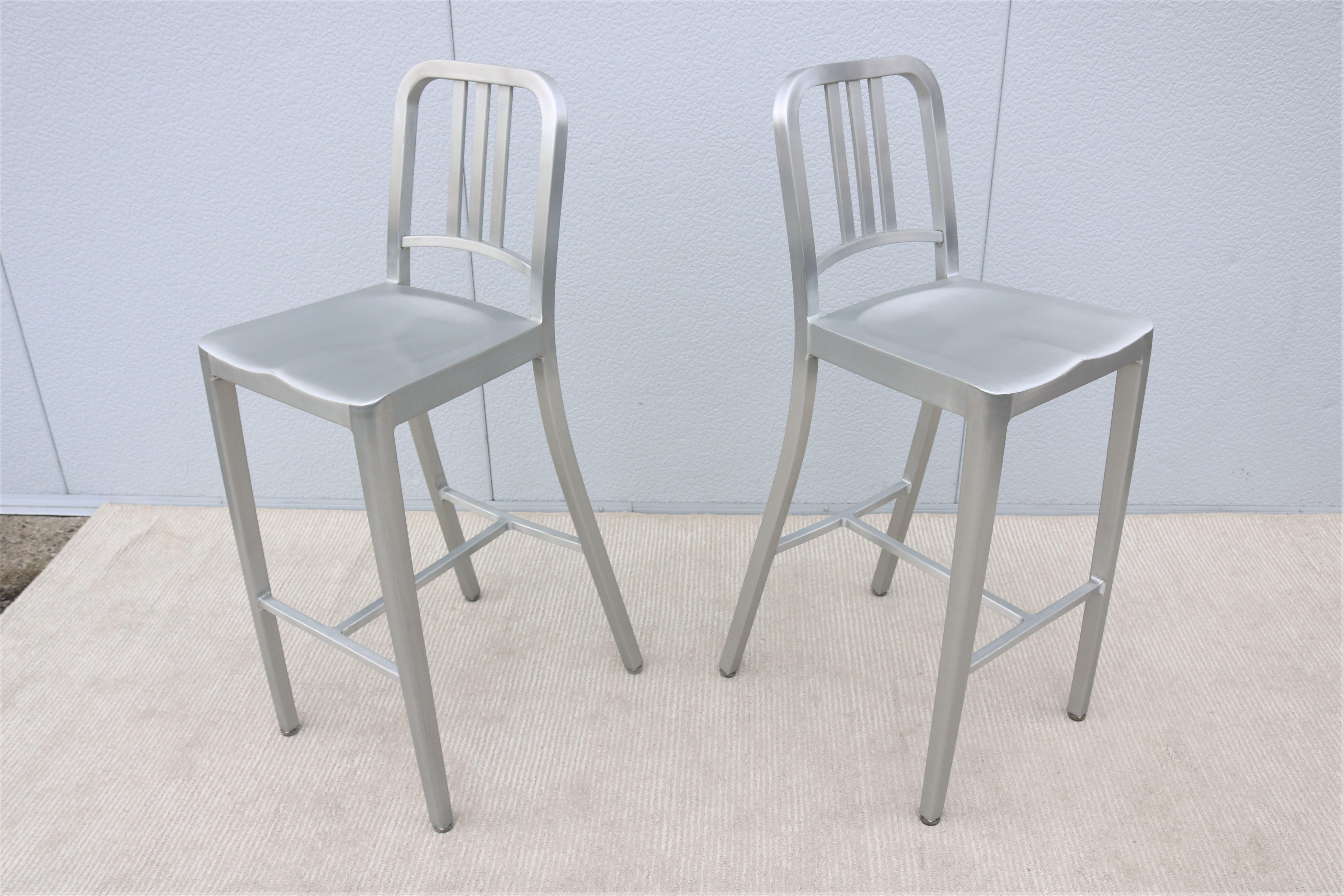 Industrial Classic Emeco 1006 Navy Brushed Aluminum Bar Height Stools - a Pair For Sale 1