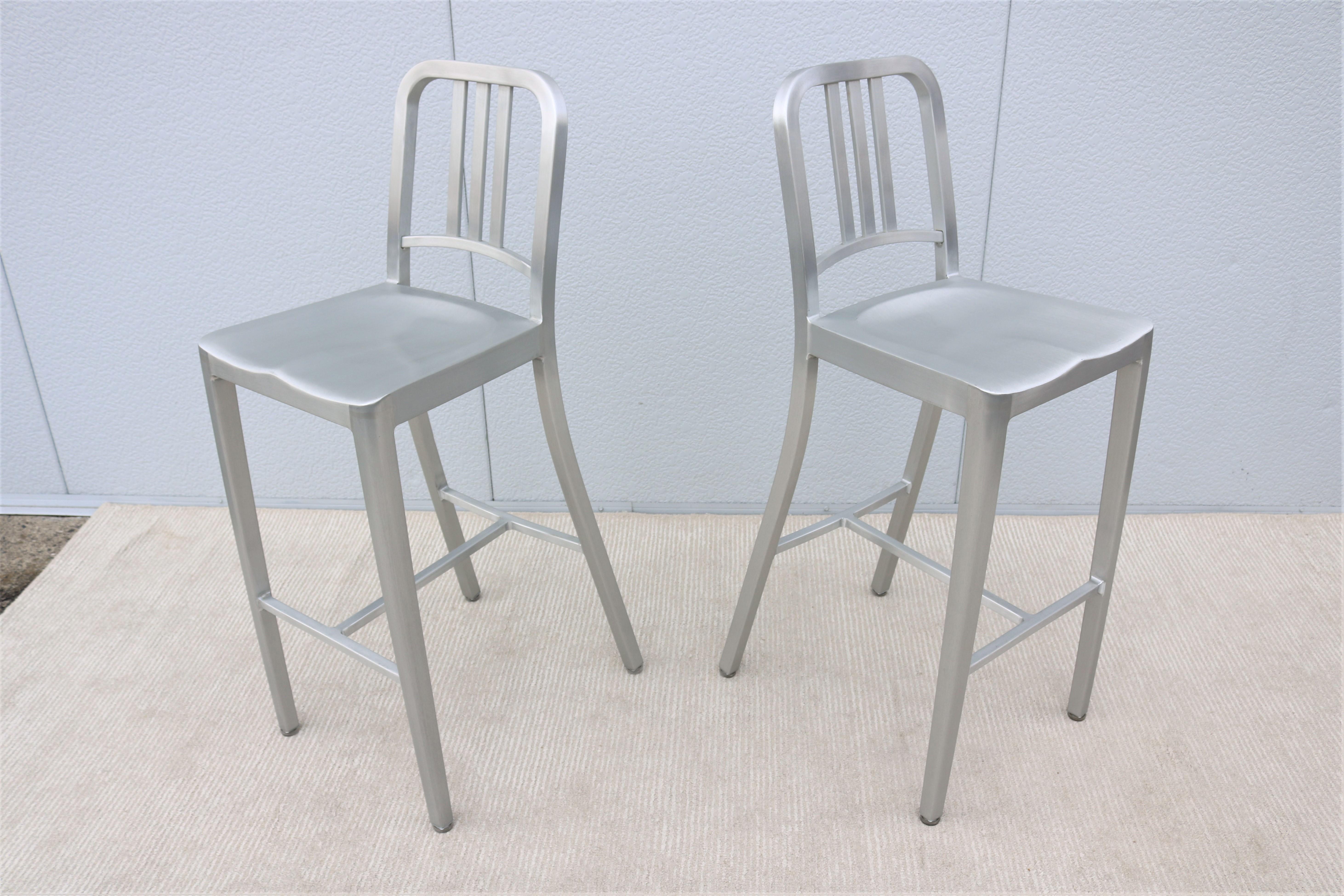 Contemporary Industrial Classic Emeco 1006 Navy Brushed Aluminum Bar Height Stools - a Pair