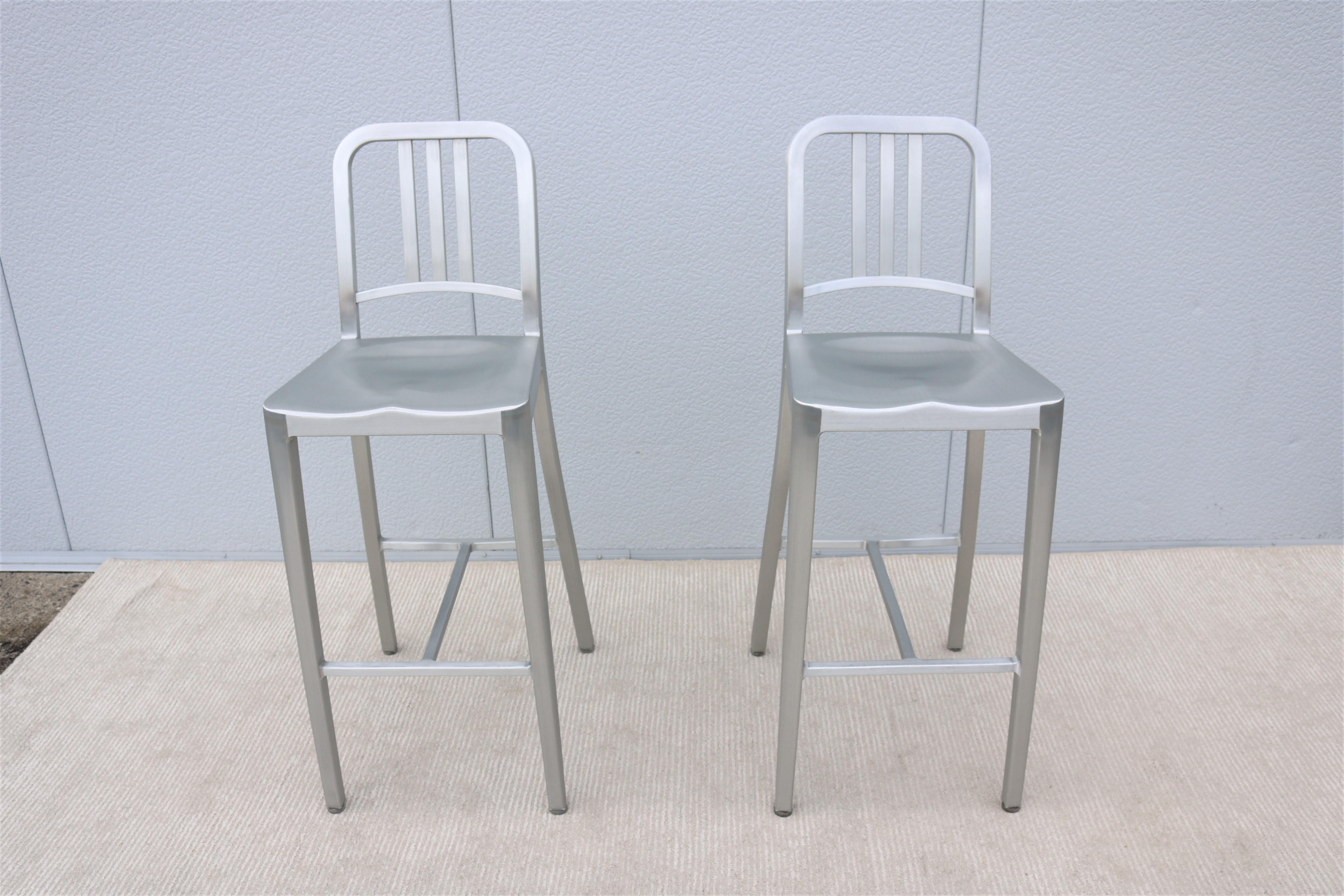 Industrial Classic Emeco 1006 Navy Brushed Aluminum Bar Height Stools - a Pair For Sale 2