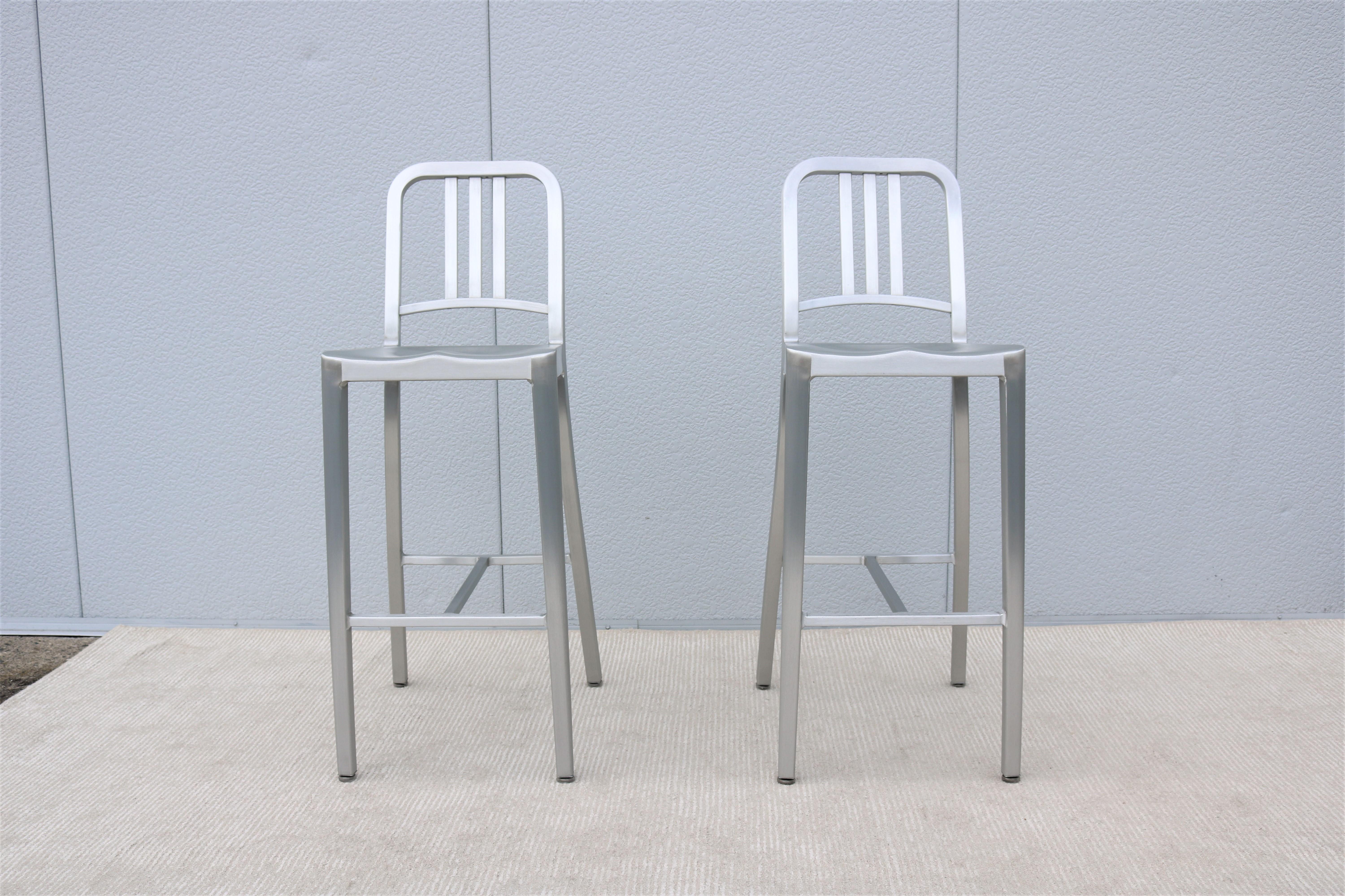 Industrial Classic Emeco 1006 Navy Brushed Aluminum Bar Height Stools - a Pair For Sale 3