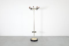 Mid-Century Industrial Coat Tree w/ Teak Hooks, Chrome & Umbrella Stand