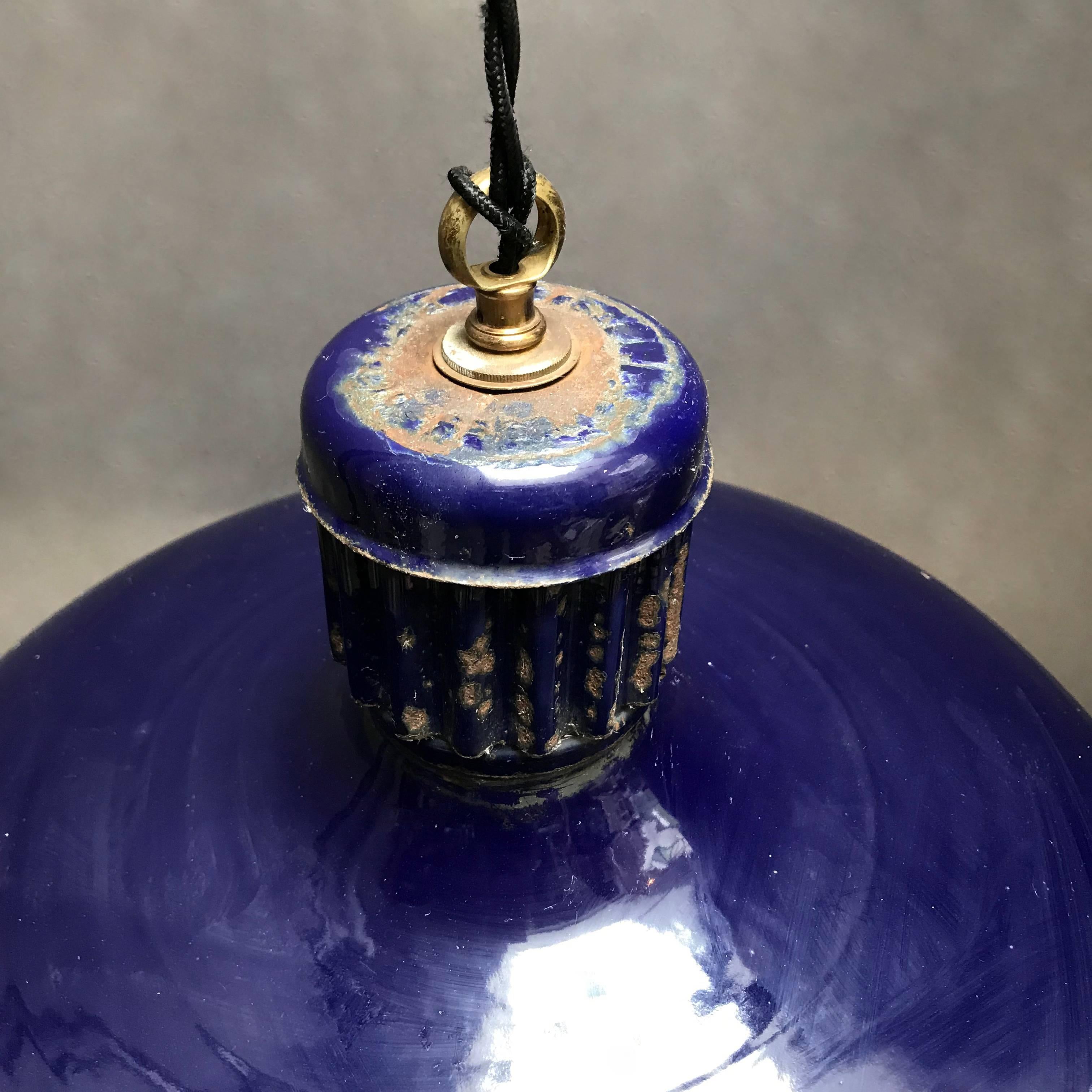 Industrial Cobalt Blue Enamel Railroad Station Pendant Light In Good Condition In Brooklyn, NY