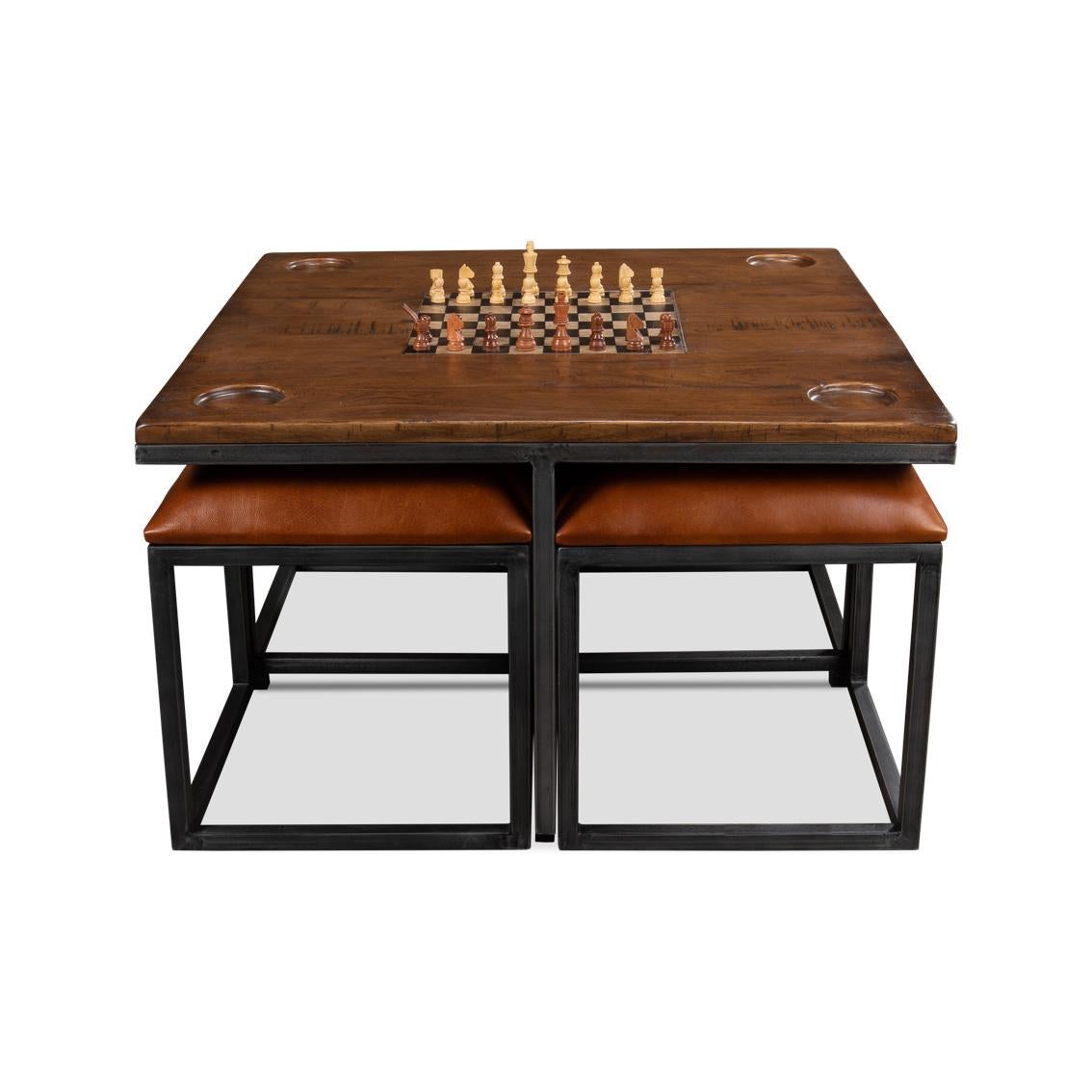 Crafted from recycled wood and featuring a beautiful fruitwood finish. The table is designed with a built-in chessboard, with built-in storage for the included game pieces, making it perfect for spontaneous game nights or casual play. 

The sturdy