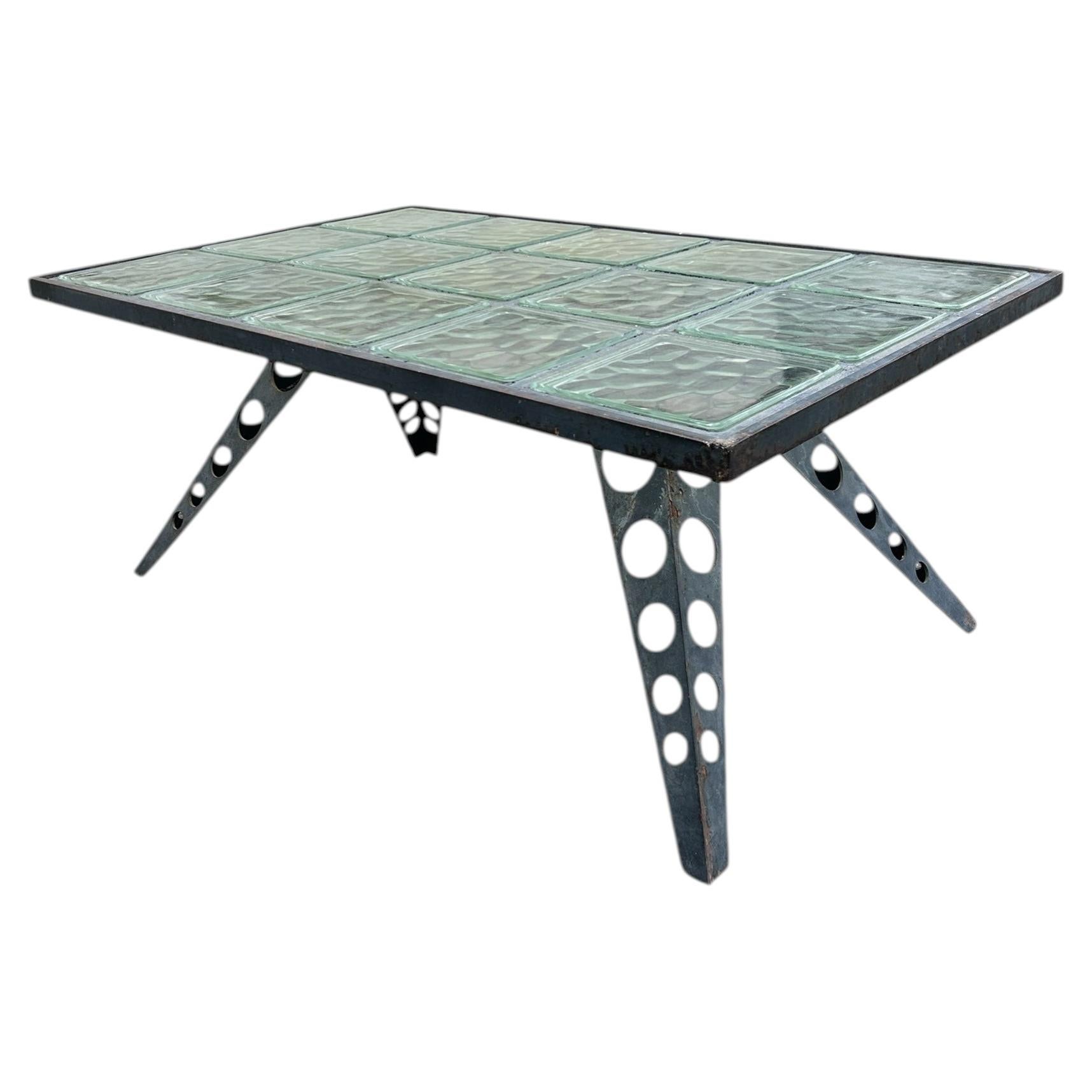 Industrial Coffee Table in Glass Blocks and Steel – Architectural Brutalist For Sale
