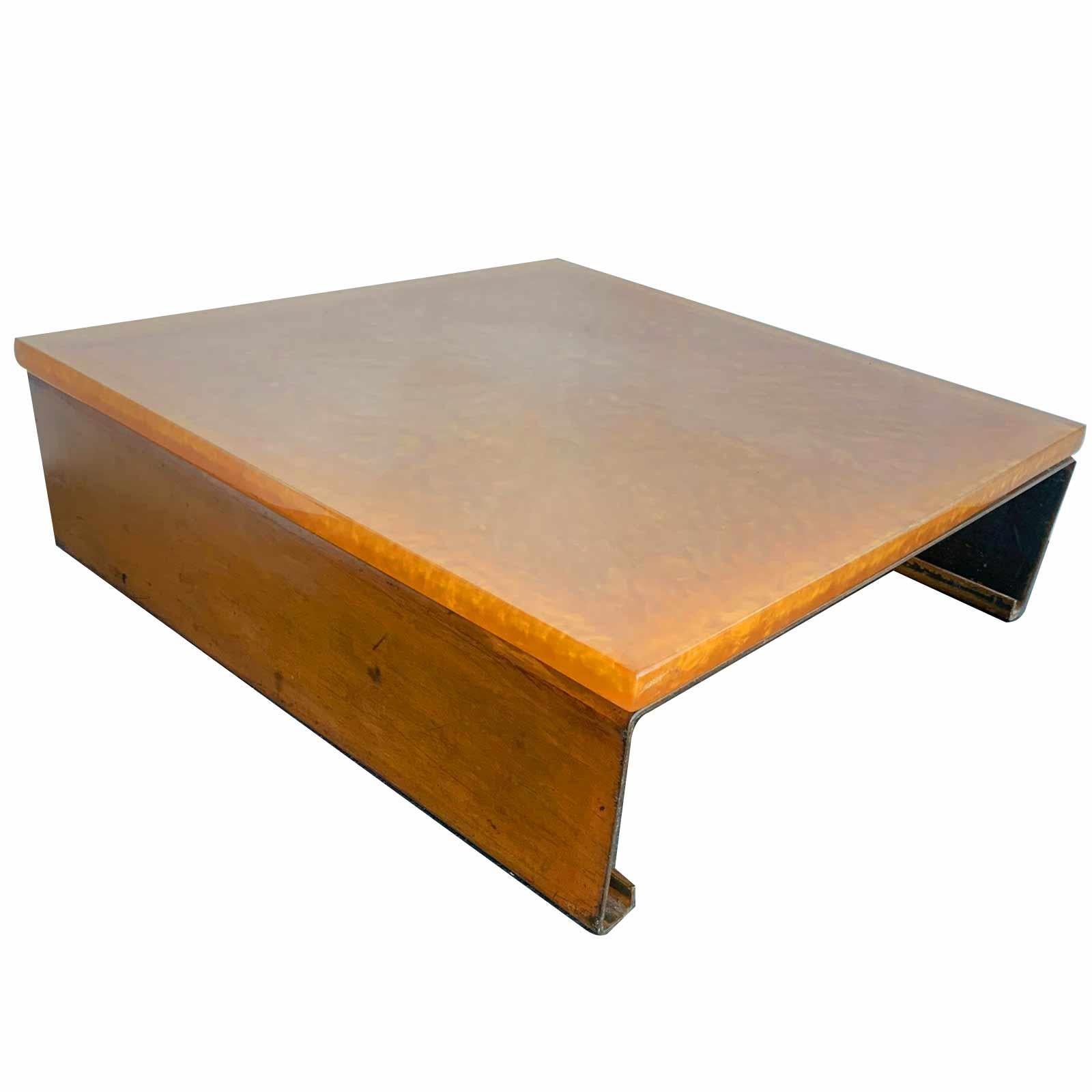Industrial Coffee Table with Clouded Amber Resin Tap In Good Condition For Sale In Los Angeles, CA