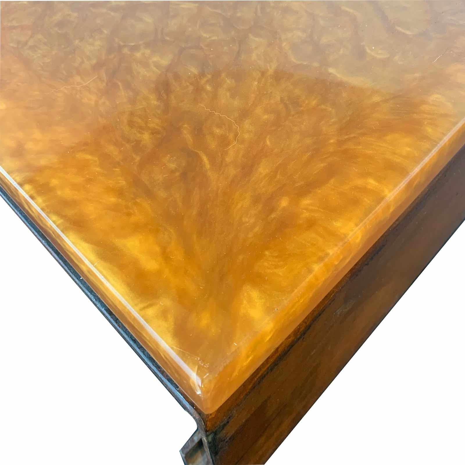 20th Century Industrial Coffee Table with Clouded Amber Resin Tap For Sale