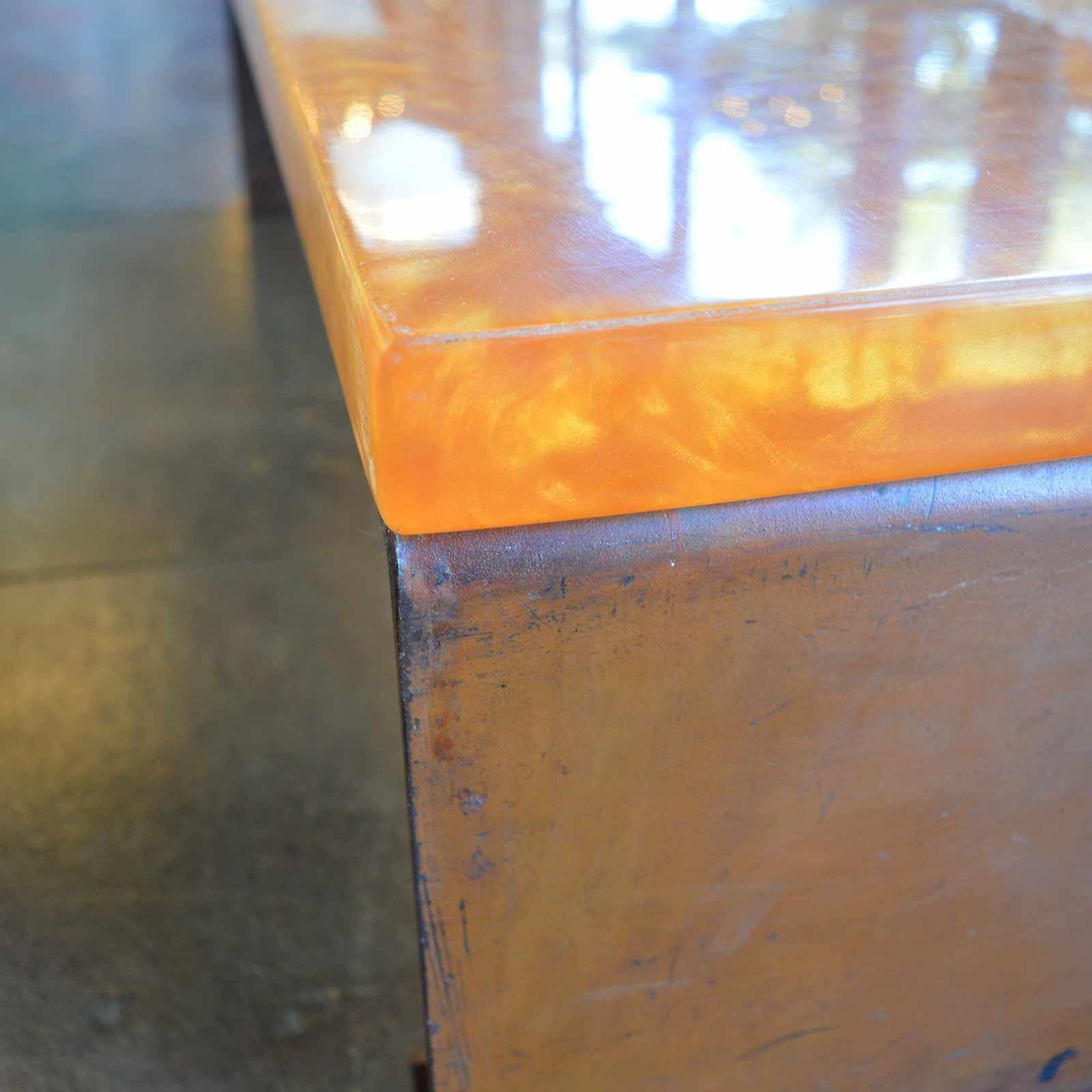Industrial Coffee Table with Clouded Amber Resin Tap For Sale 1