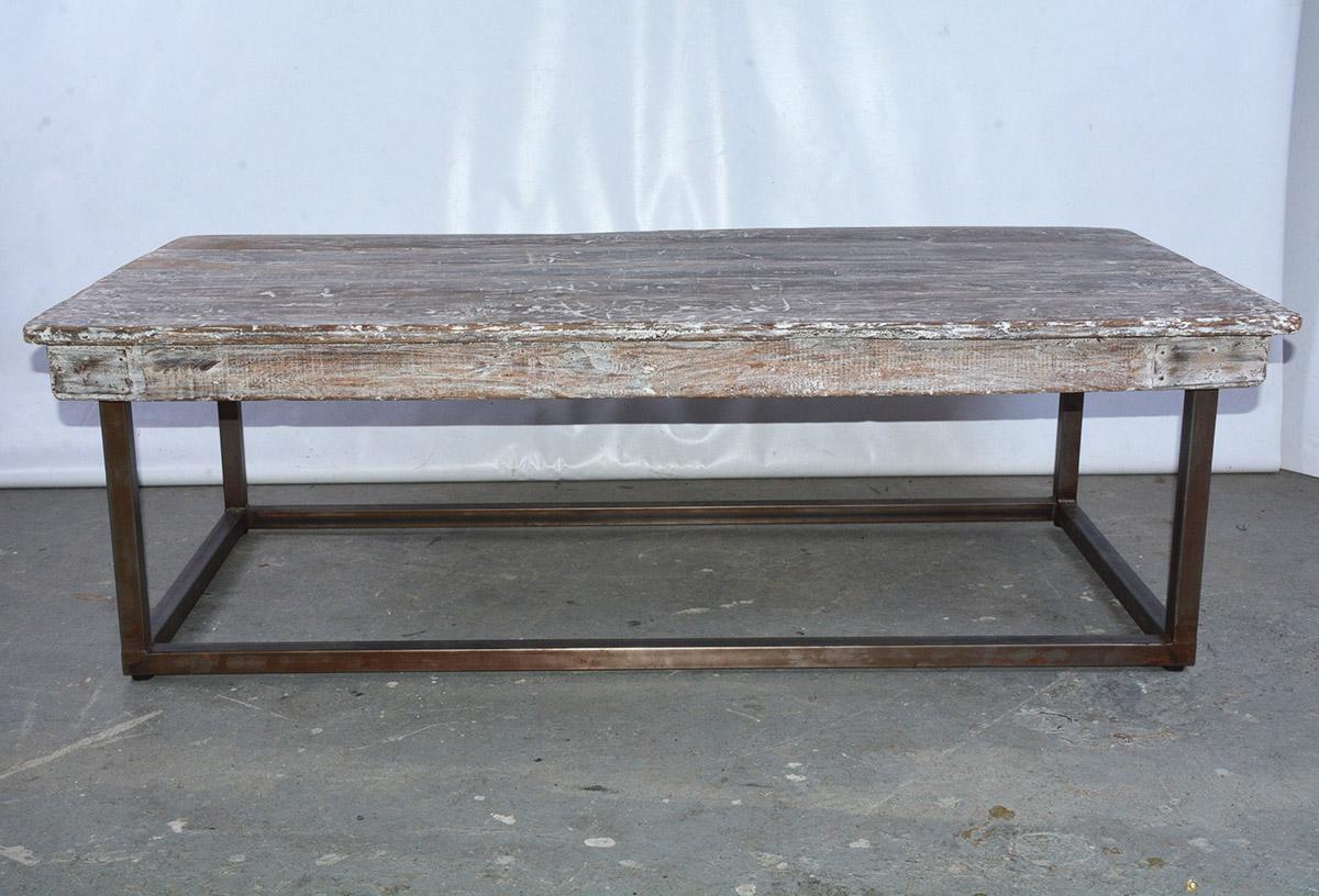 Unknown Industrial Coffee Table with Wood Top and Metal Base For Sale