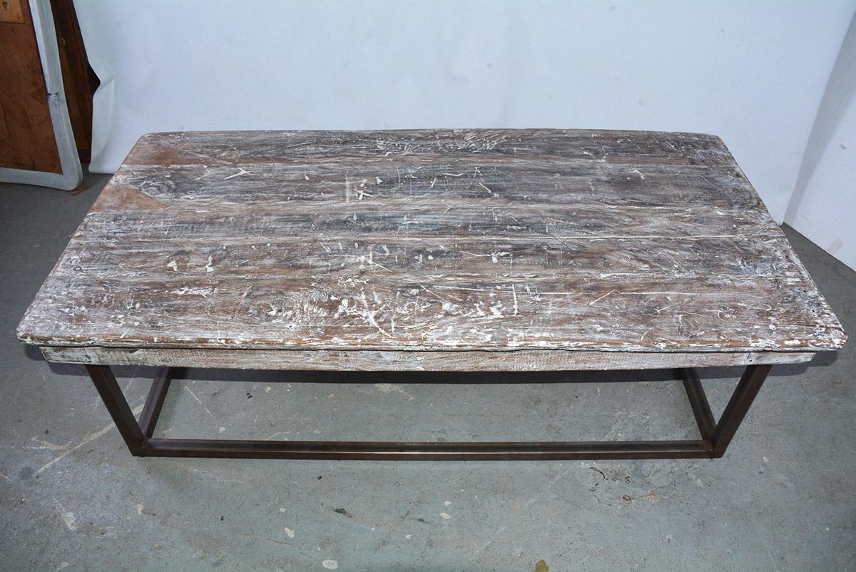 Hand-Crafted Industrial Coffee Table with Wood Top and Metal Base For Sale