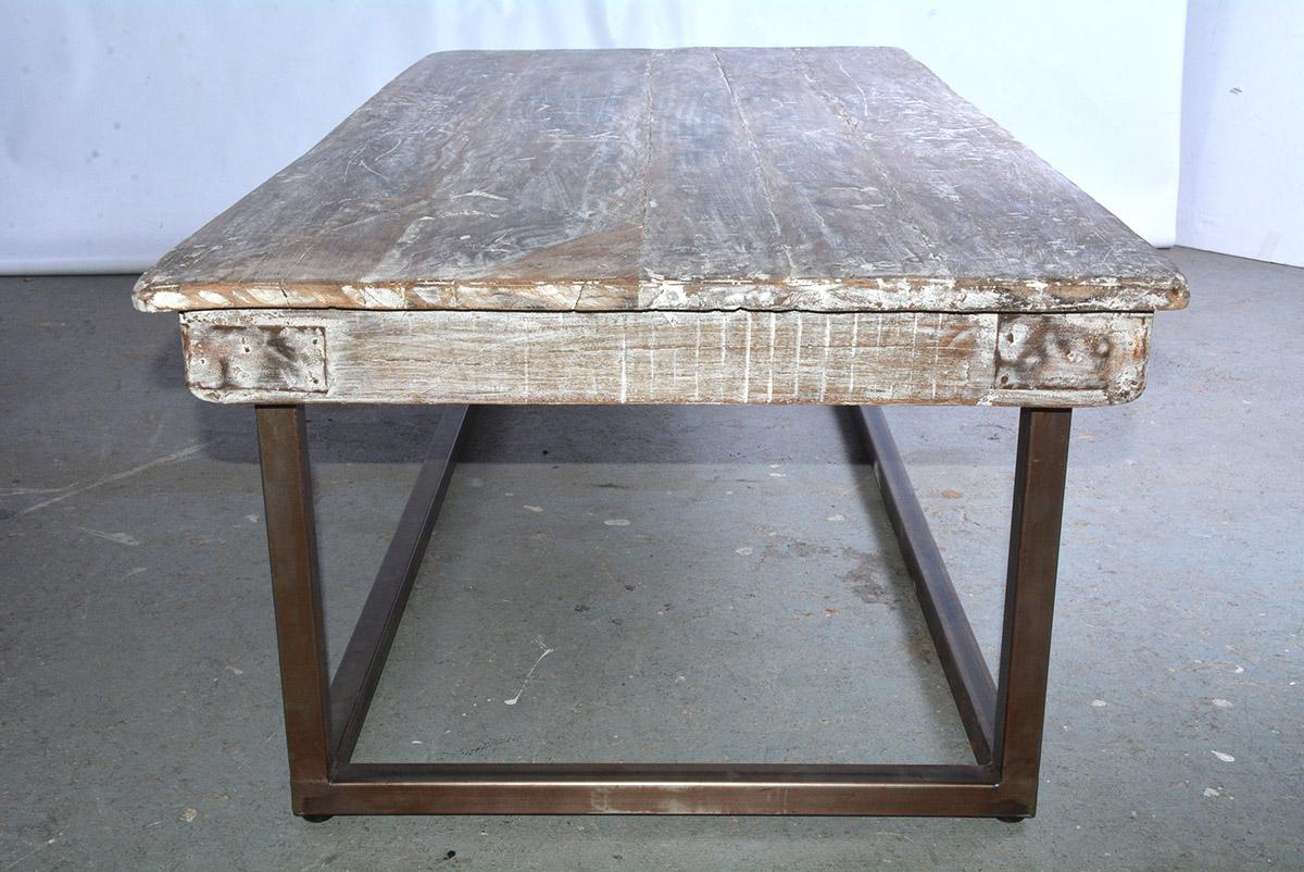 Industrial Coffee Table with Wood Top and Metal Base In Good Condition For Sale In Sheffield, MA