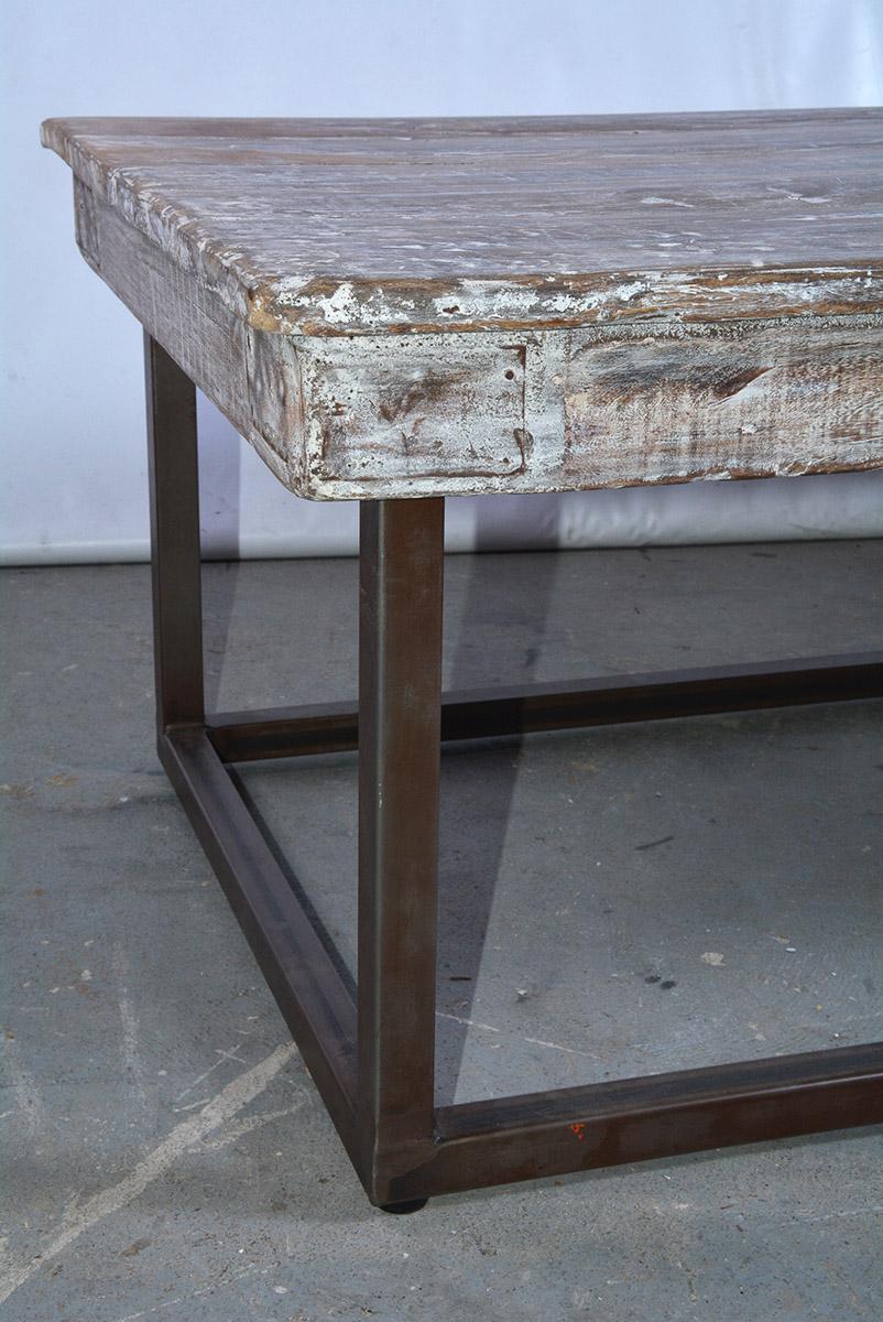 20th Century Industrial Coffee Table with Wood Top and Metal Base For Sale