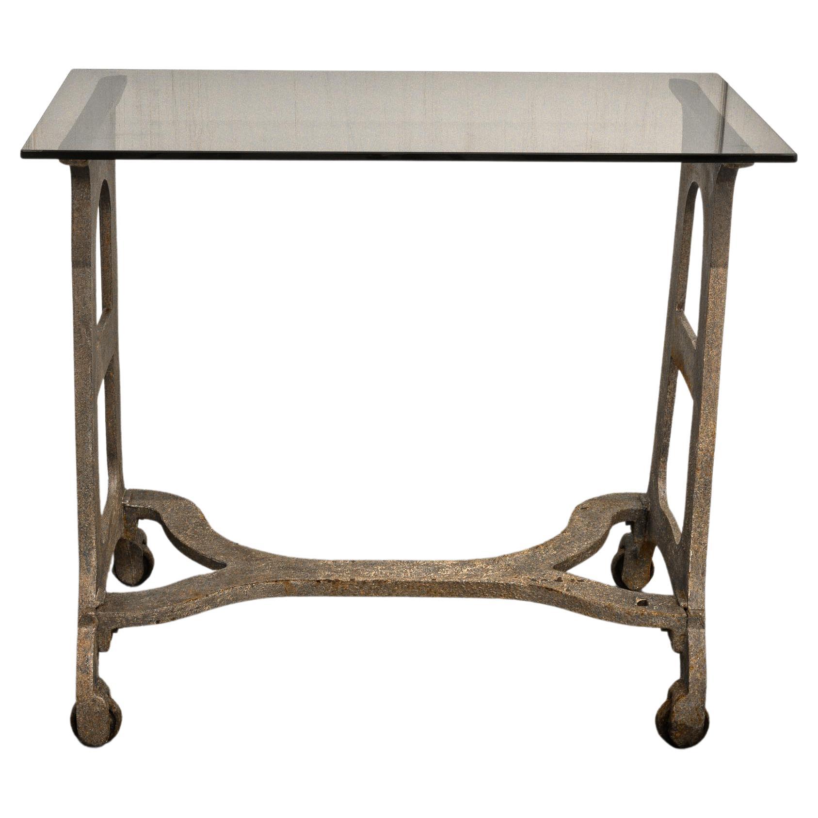 Industrial "Comet" Console Table with Smoked Glass Top For Sale