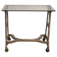 Industrial "Comet" Console Table with Smoked Glass Top