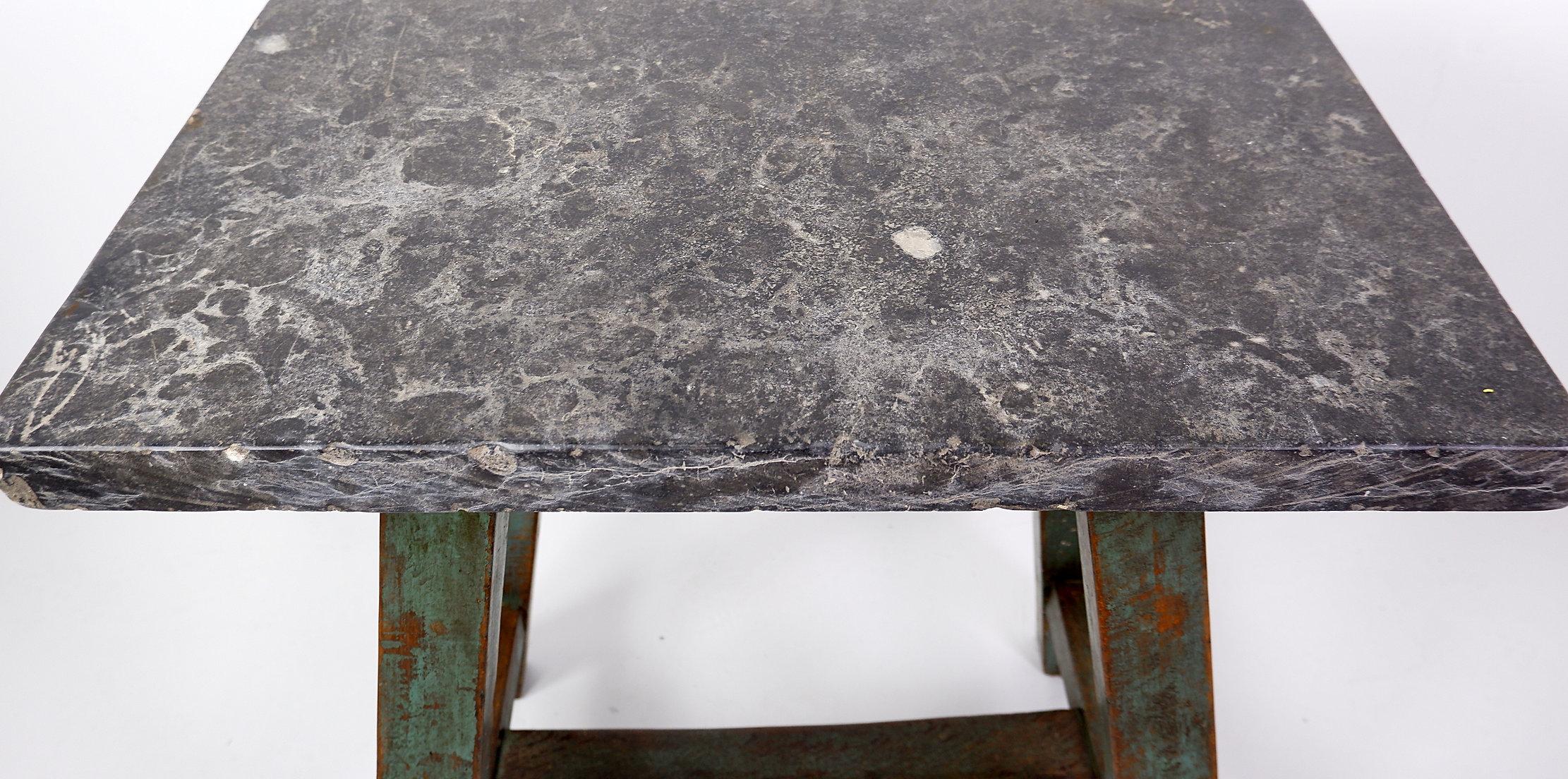 Industrial Console/table bluestone top and green weathered wood
Brutalist Table console
Measures : 79.5cm x 50cm H:84.5cm 
Materials : Bluestone - Wood 