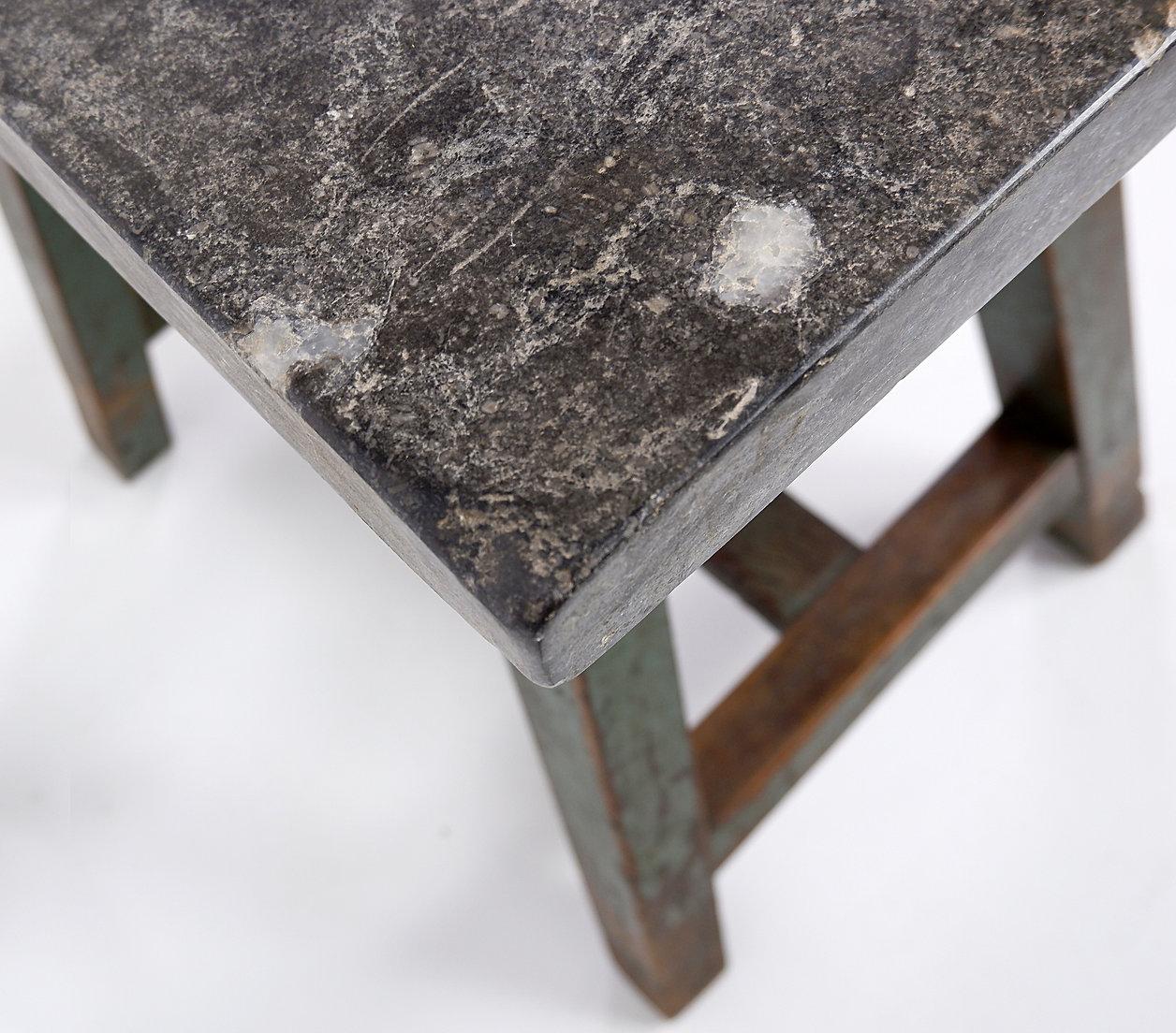 Wood Industrial Console/table bluestone top and green weathered wood - 20th For Sale