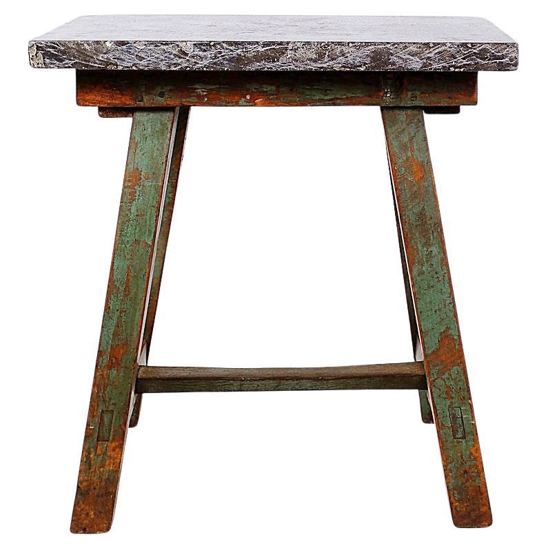 Industrial Console/table bluestone top and green weathered wood - 20th For Sale
