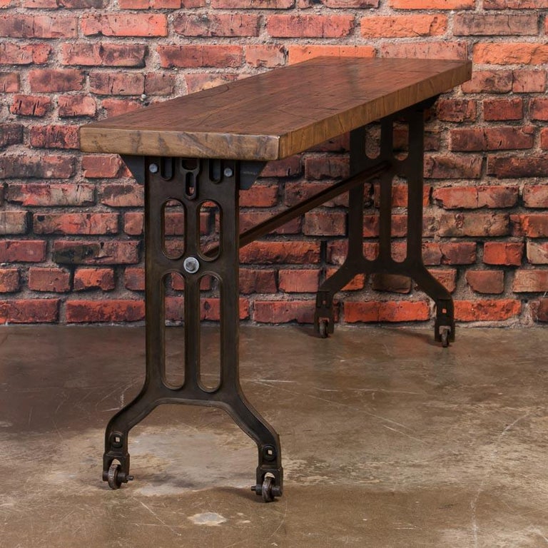 Industrial Console Table with Reclaimed Oak Top and Cast Iron Legs For