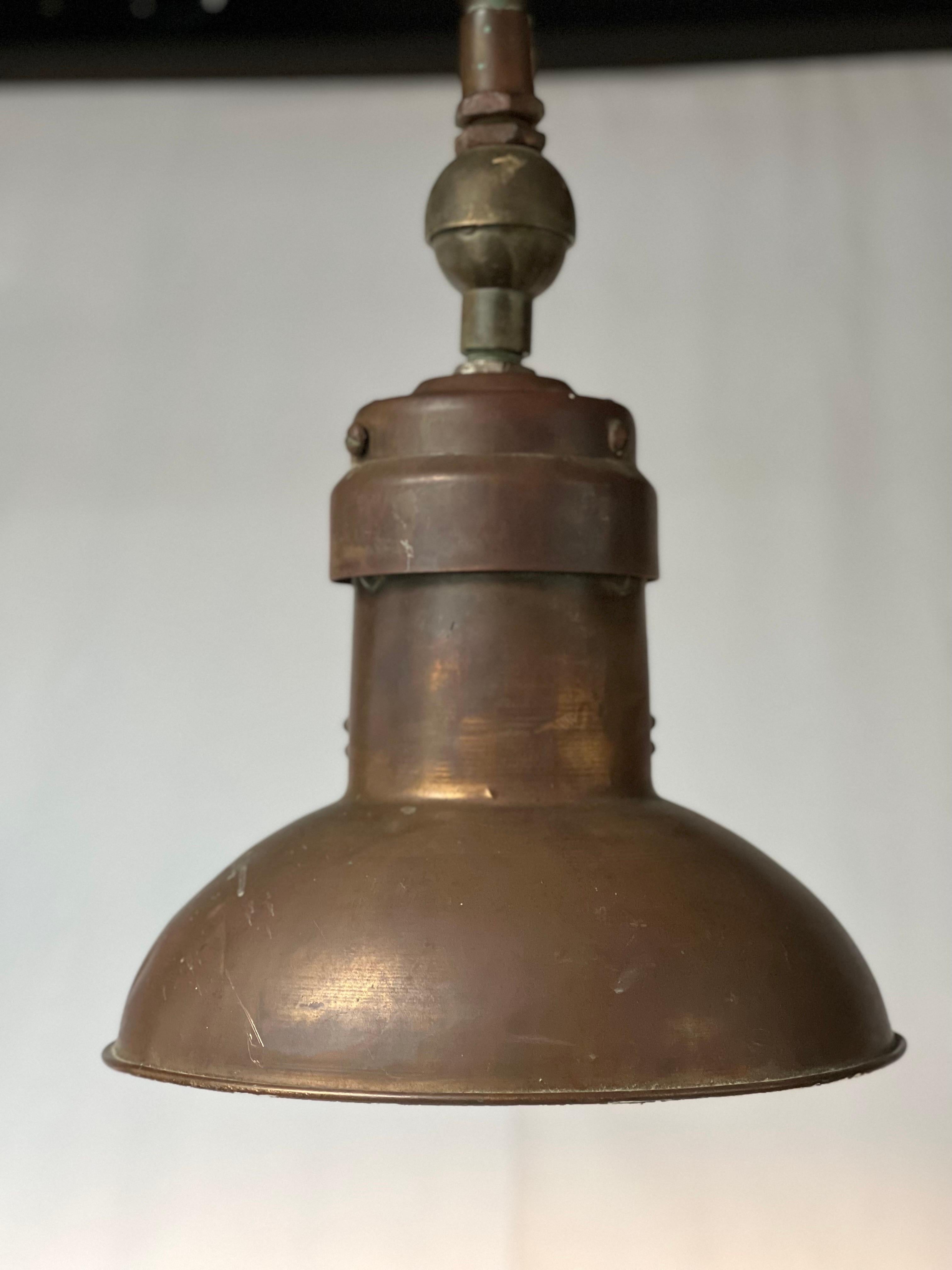 Brass Industrial copper and brass hanging lamp from 1850's For Sale