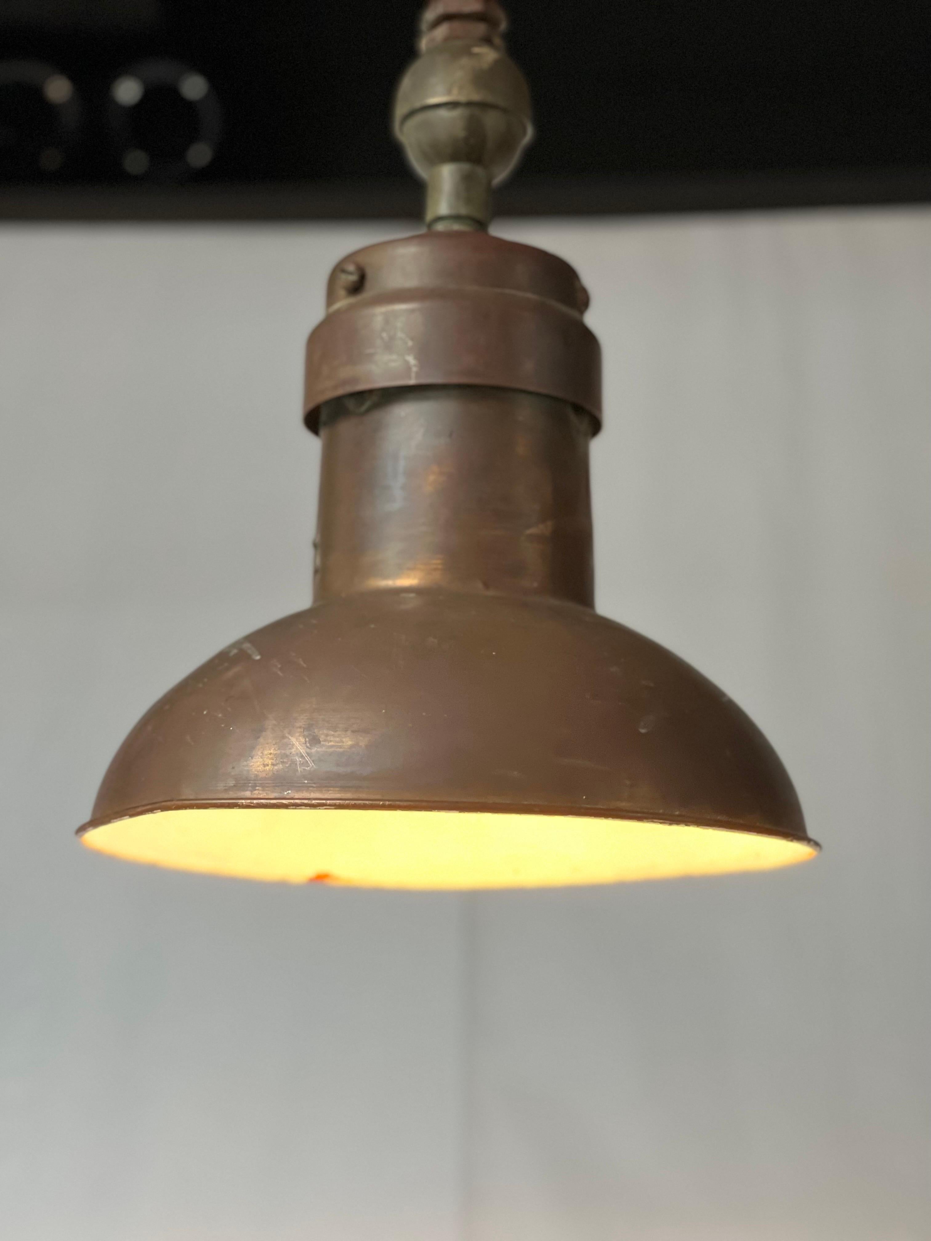 Industrial copper and brass hanging lamp from 1850's For Sale 1