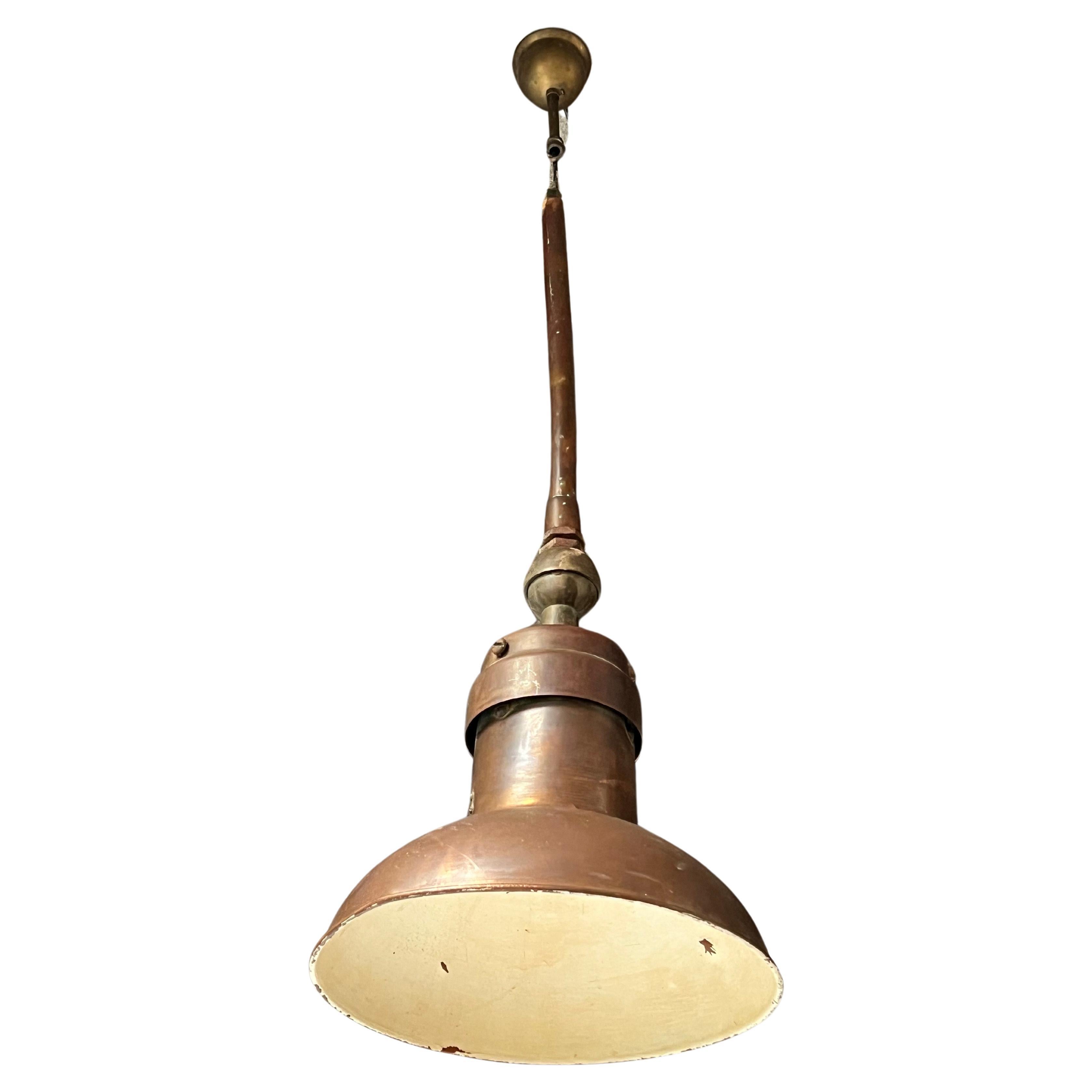 Industrial copper and brass hanging lamp from 1850's For Sale