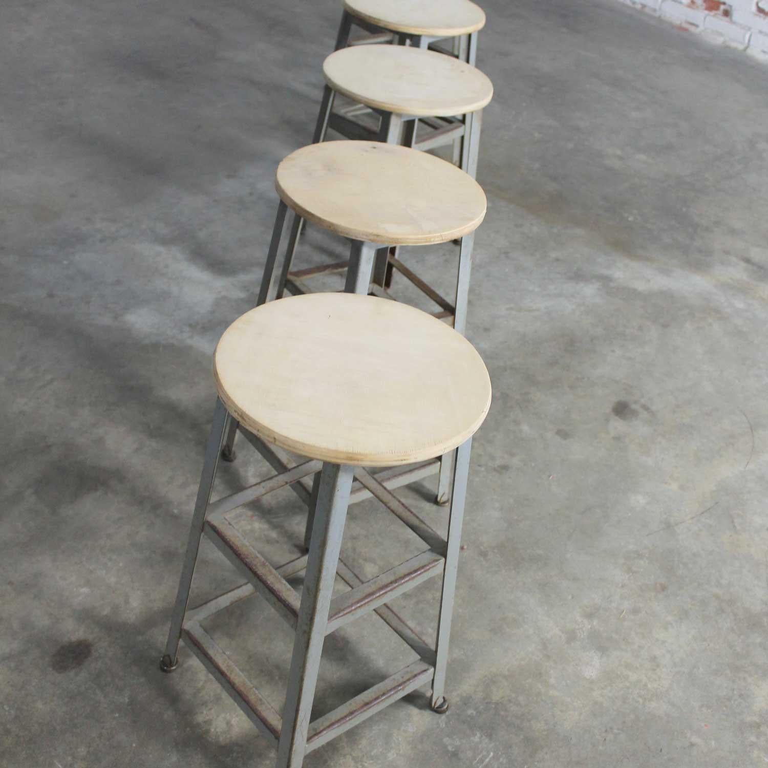 American Industrial Counter Height Stools Vintage Patinated Steel Distressed Wood Seats
