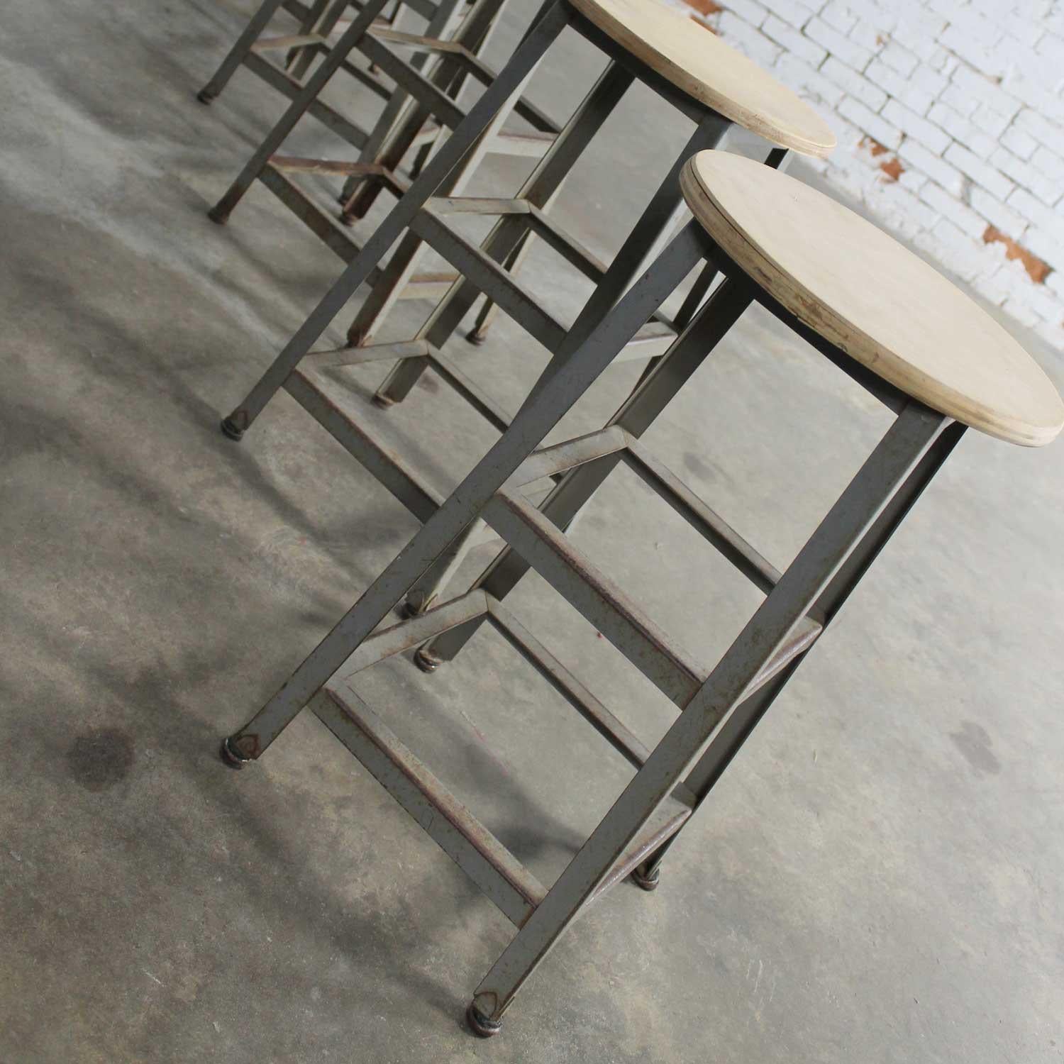 Industrial Counter Height Stools Vintage Patinated Steel Distressed Wood Seats In Good Condition In Topeka, KS