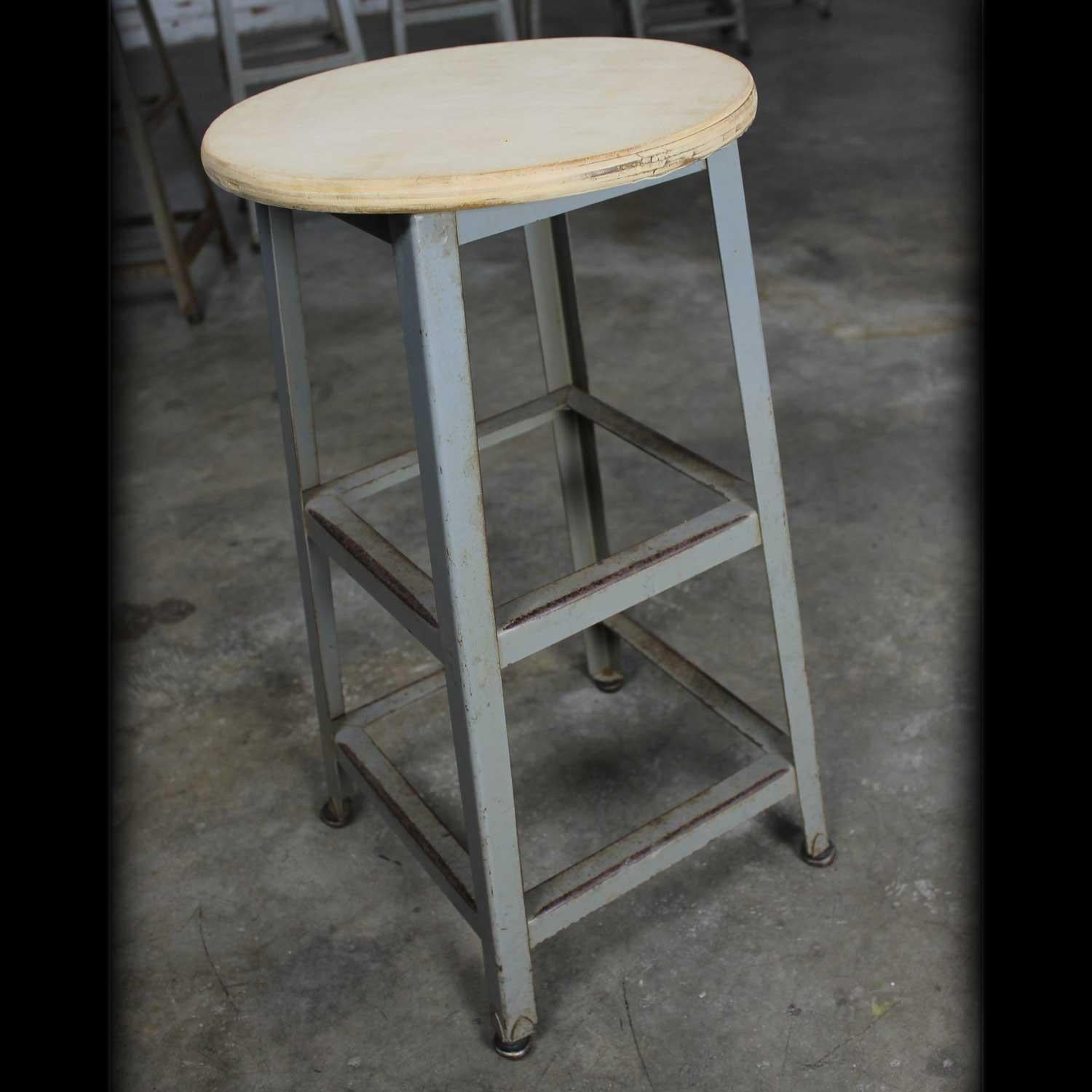 Industrial Counter Height Stools Vintage Patinated Steel Distressed Wood Seats 1