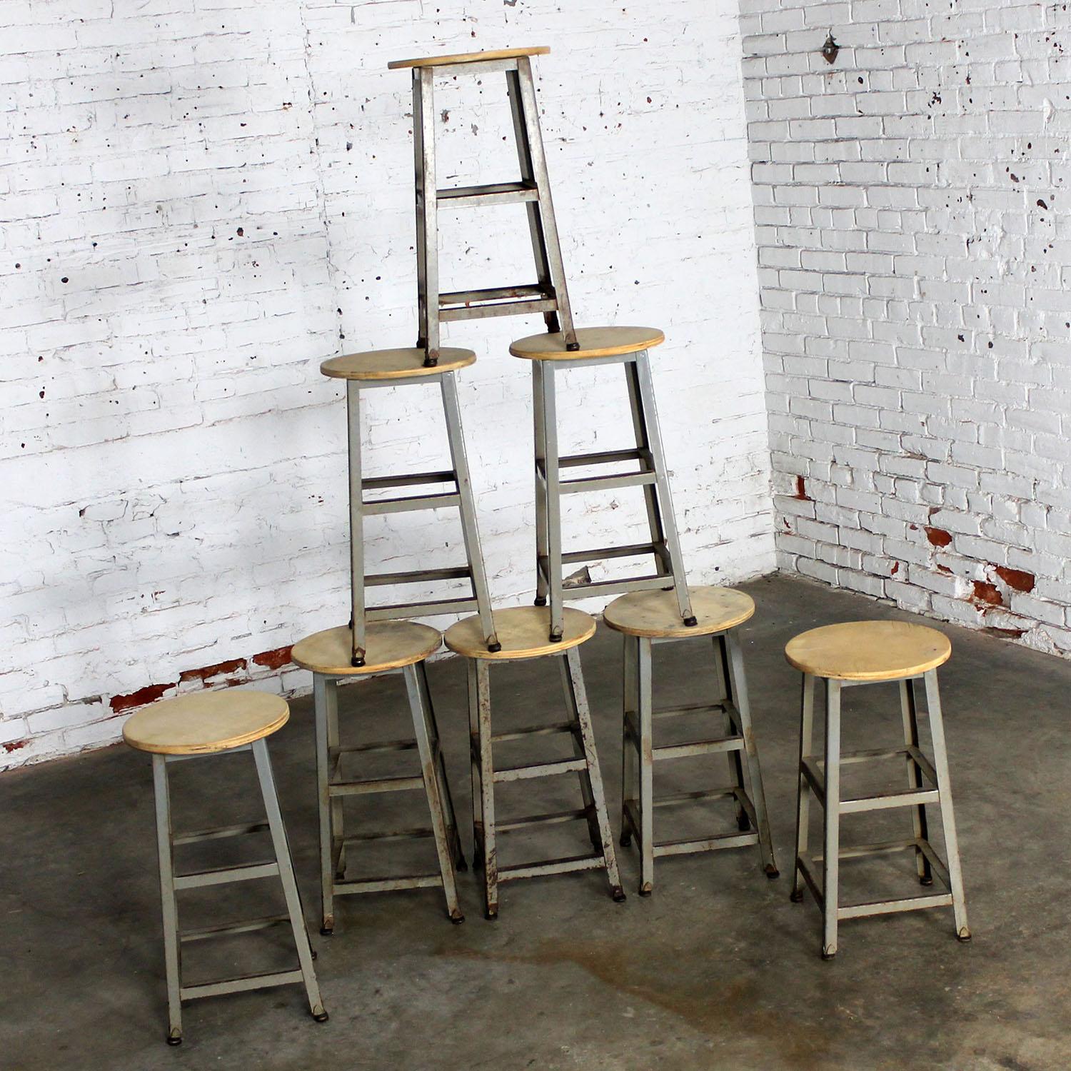 Industrial Counter Height Stools Vintage Patinated Steel Distressed Wood Seats 1