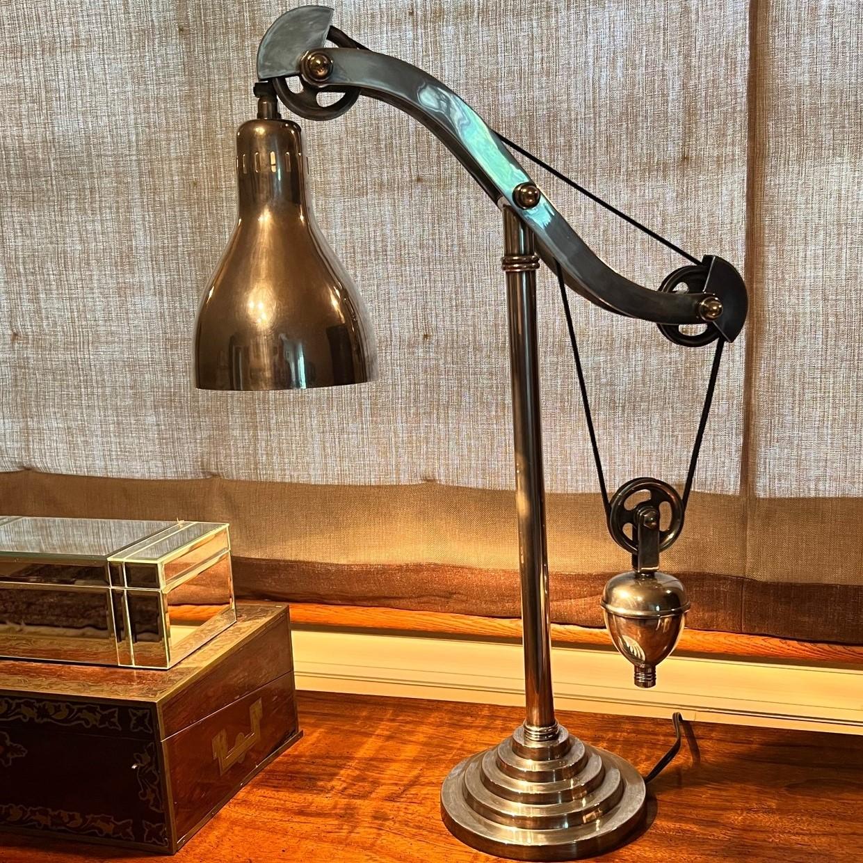 Industrial Counterweight Pulley Desk Lamp in Brass with Antiqued Silver Finish For Sale 2