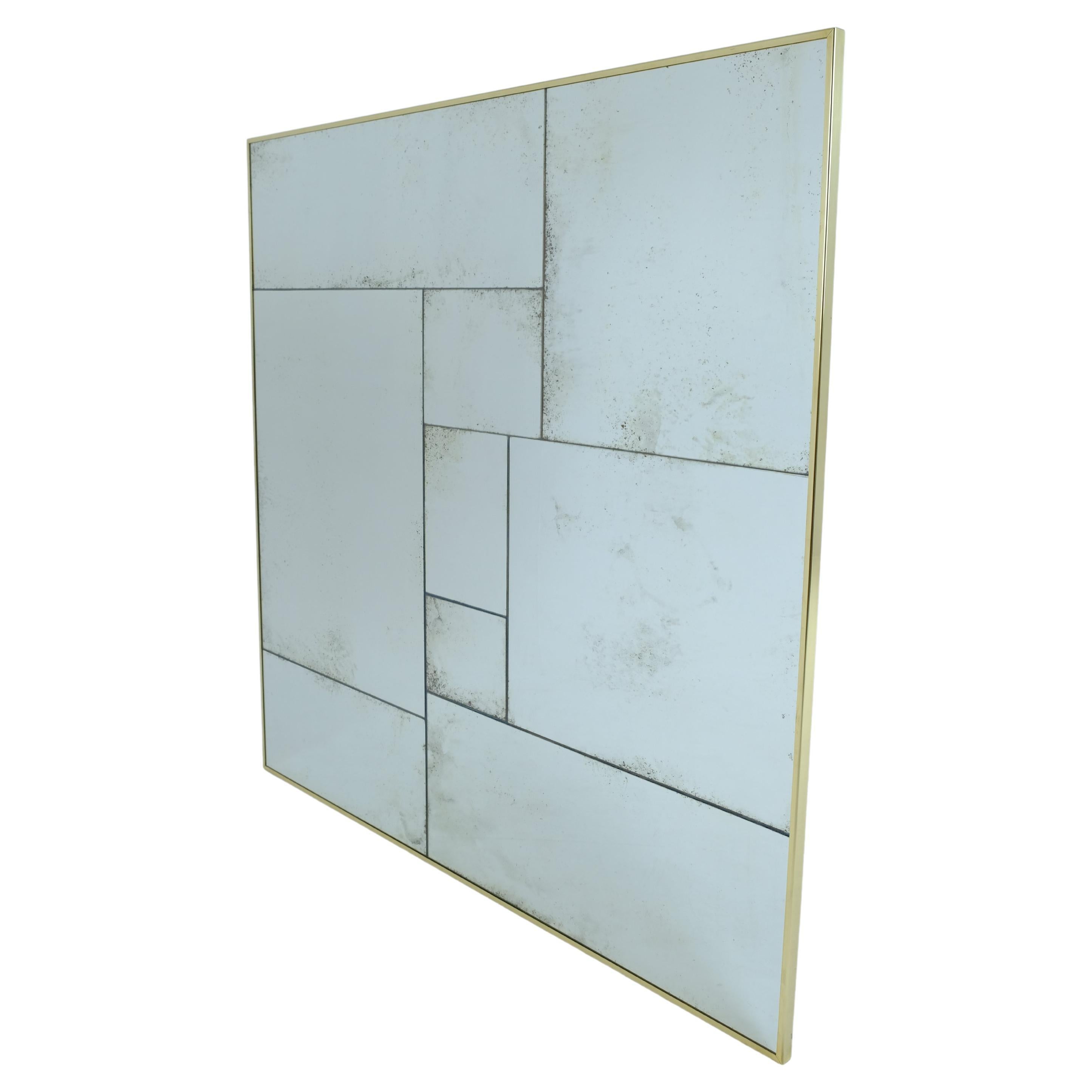 Industrial Custom-Made Artisanal Mirror Hand-Aged Authentic Brass Finish Frame L For Sale