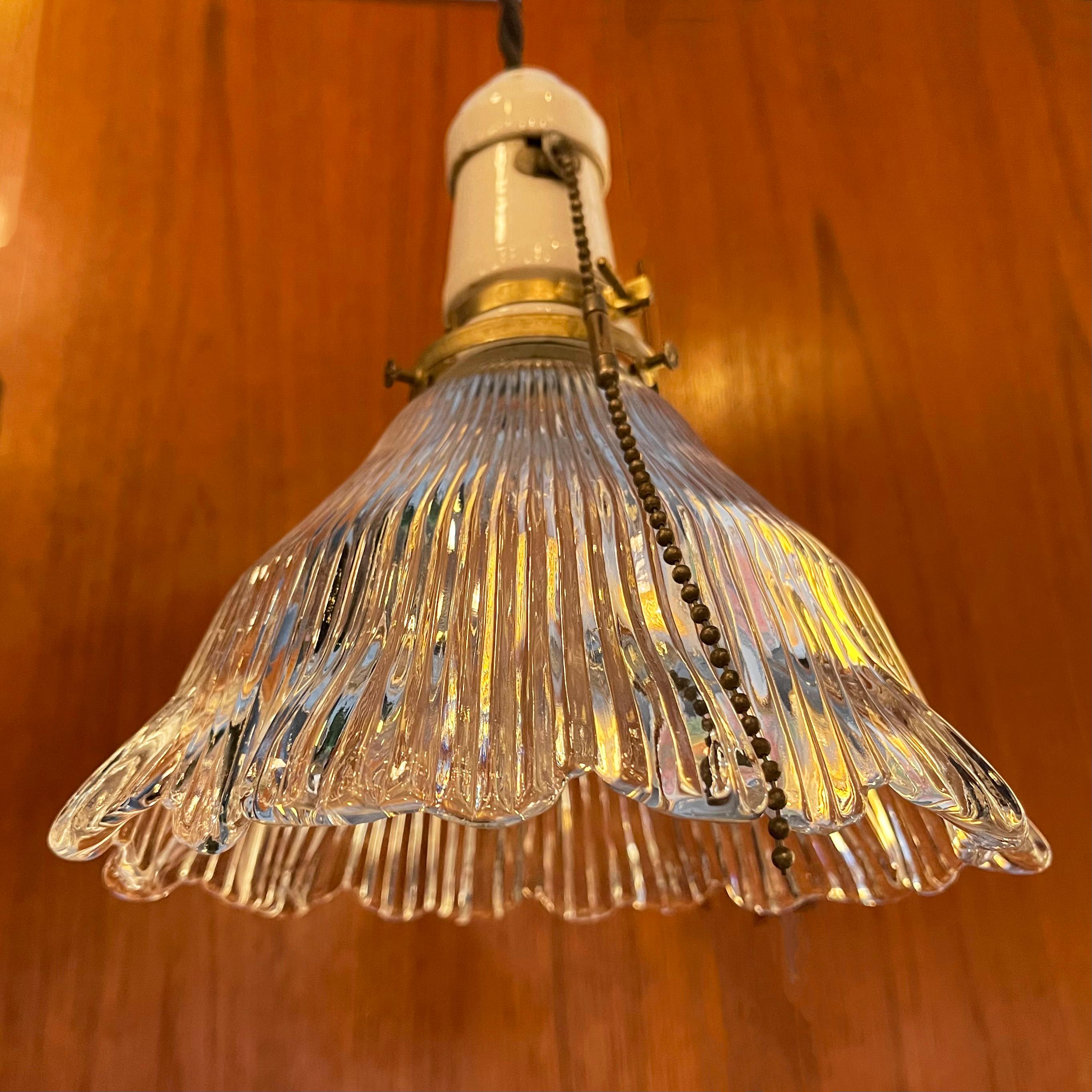 American Industrial Cut Glass and Porcelain Pendant Light For Sale