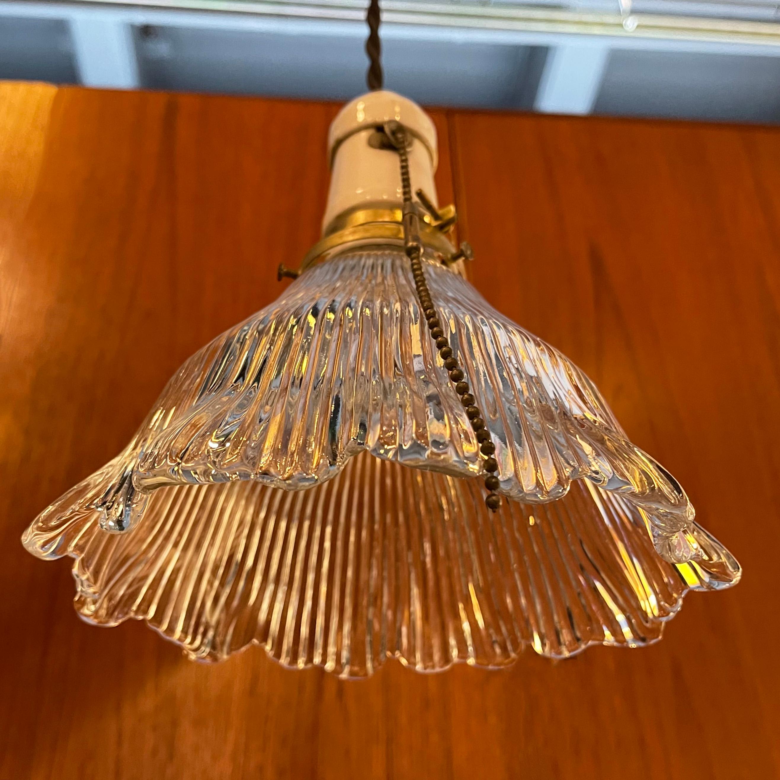 Industrial Cut Glass and Porcelain Pendant Light In Good Condition For Sale In Brooklyn, NY